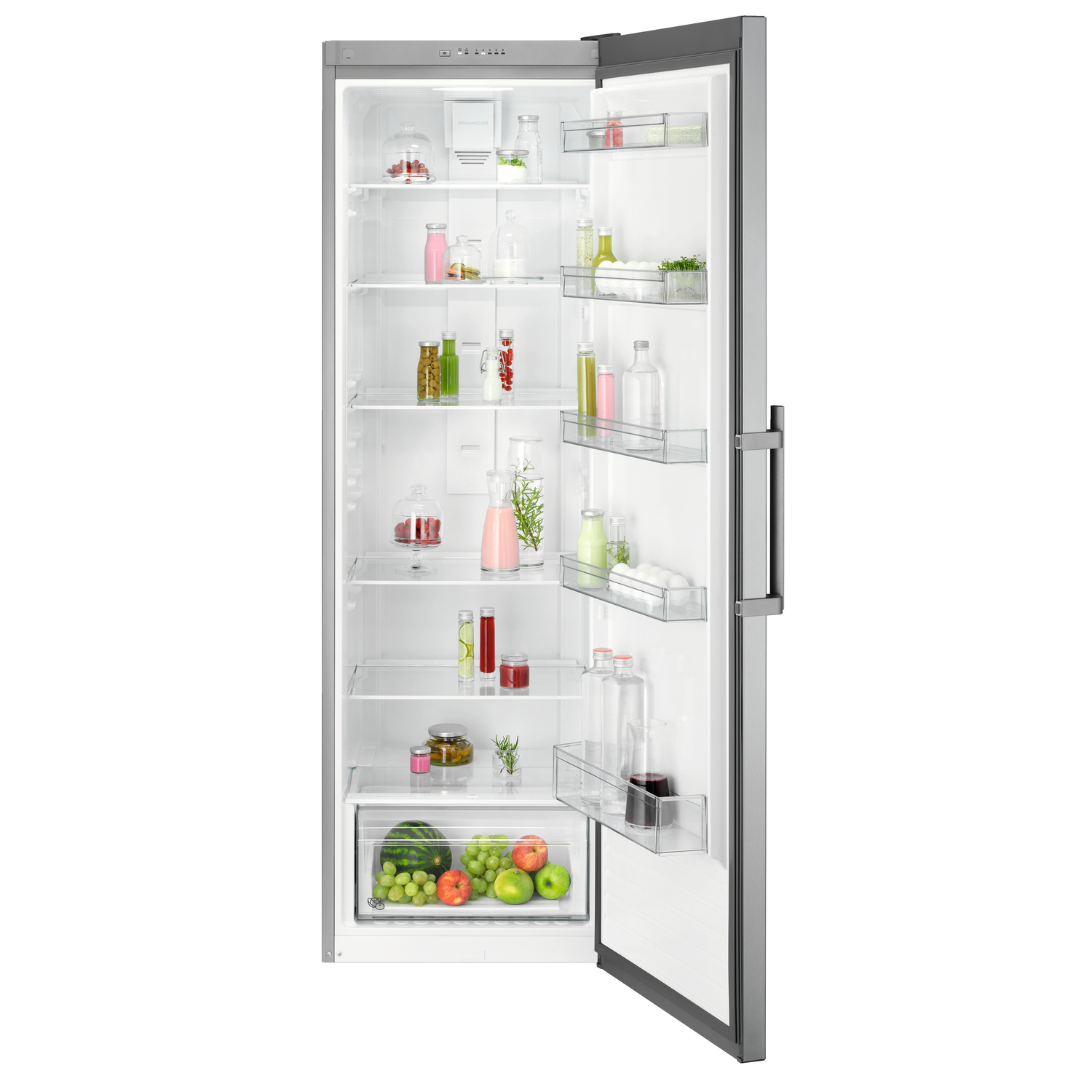 Open refrigerator with shelves filled with food items, including fruits, drinks, and jars.
