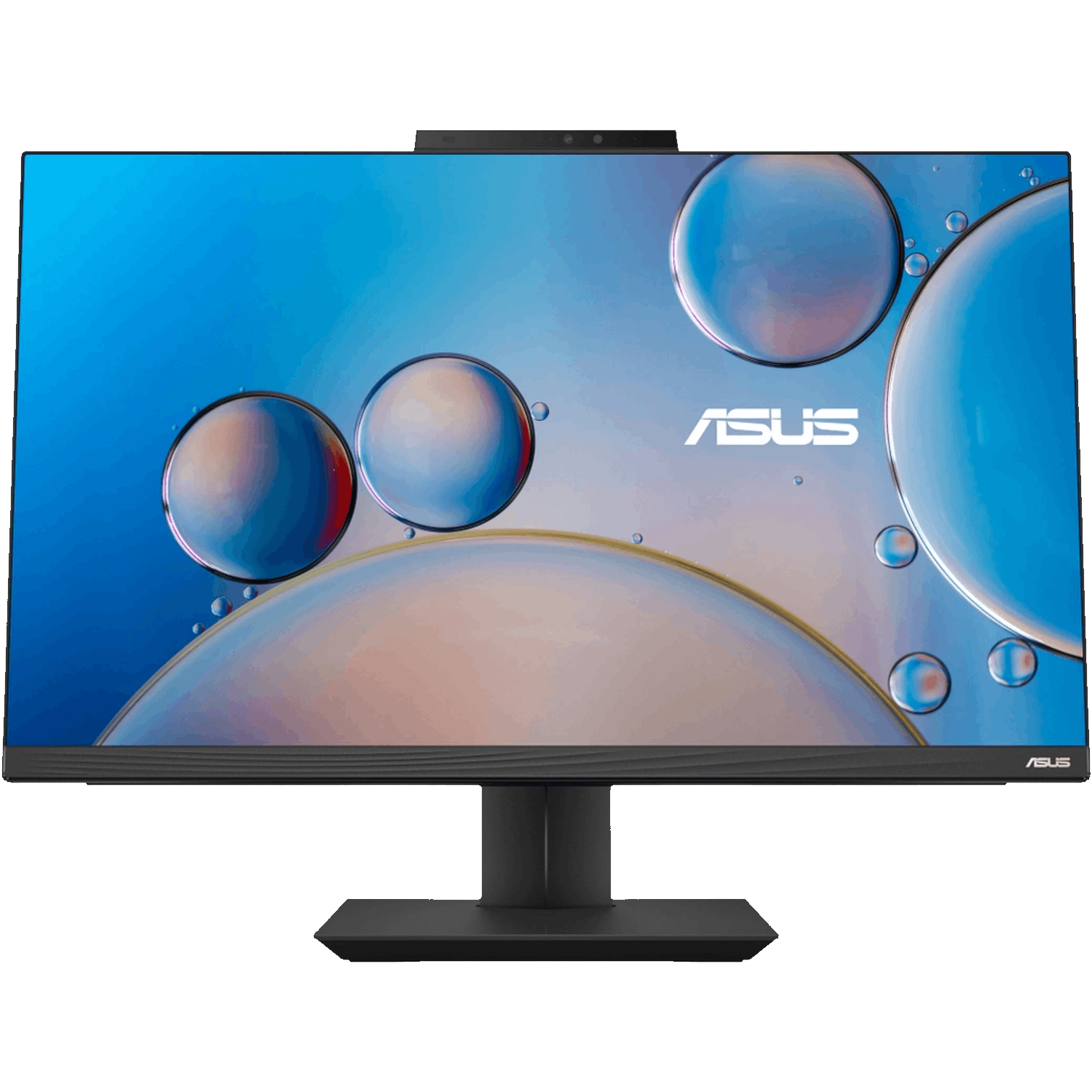 Moniteur Asus avec webcam. Cadre et support noirs, avec un fond bleu et blanc.