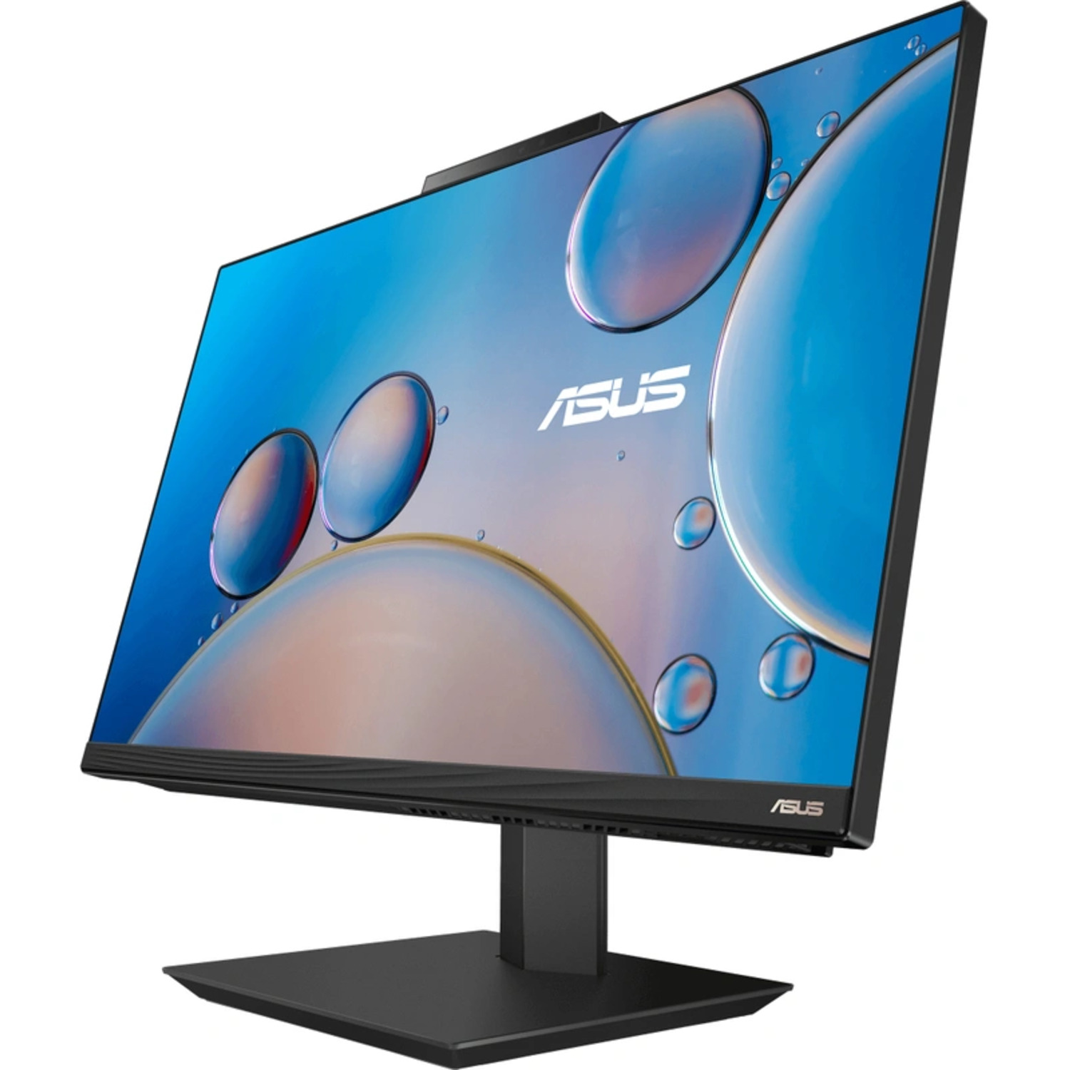 Moniteur noir avec écran bleu et support noir. Vue de dessus.