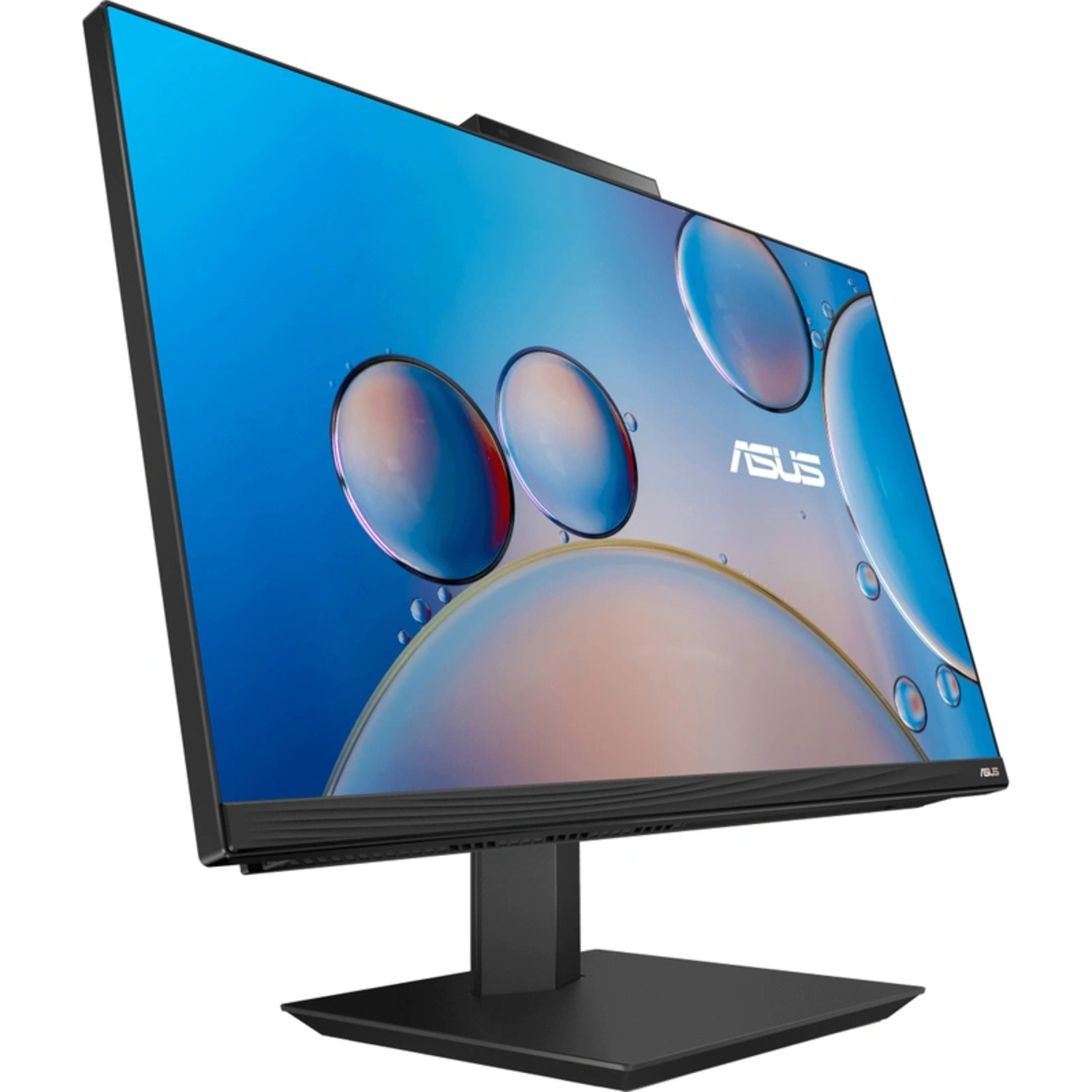 Un moniteur d'ordinateur avec un cadre noir et un écran à motifs bleus et blancs.