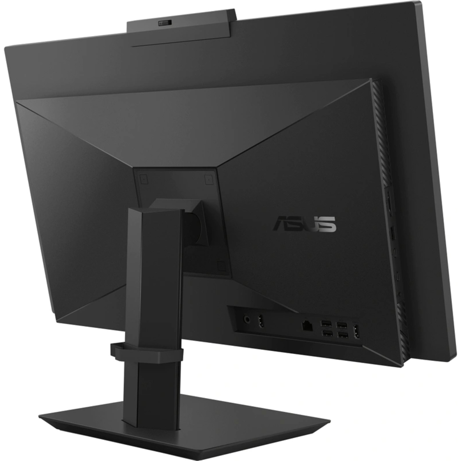 Vue arrière d'un moniteur d'ordinateur noir, avec support et ports. Logo ASUS visible.