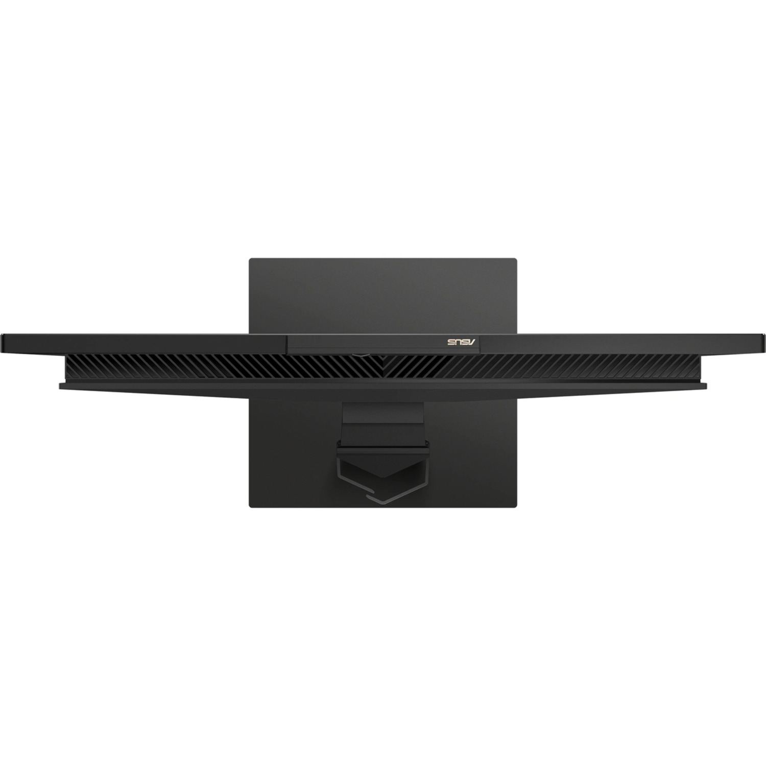 Un moniteur d'ordinateur noir, vu de dessus. Il a un écran large avec un design élégant.