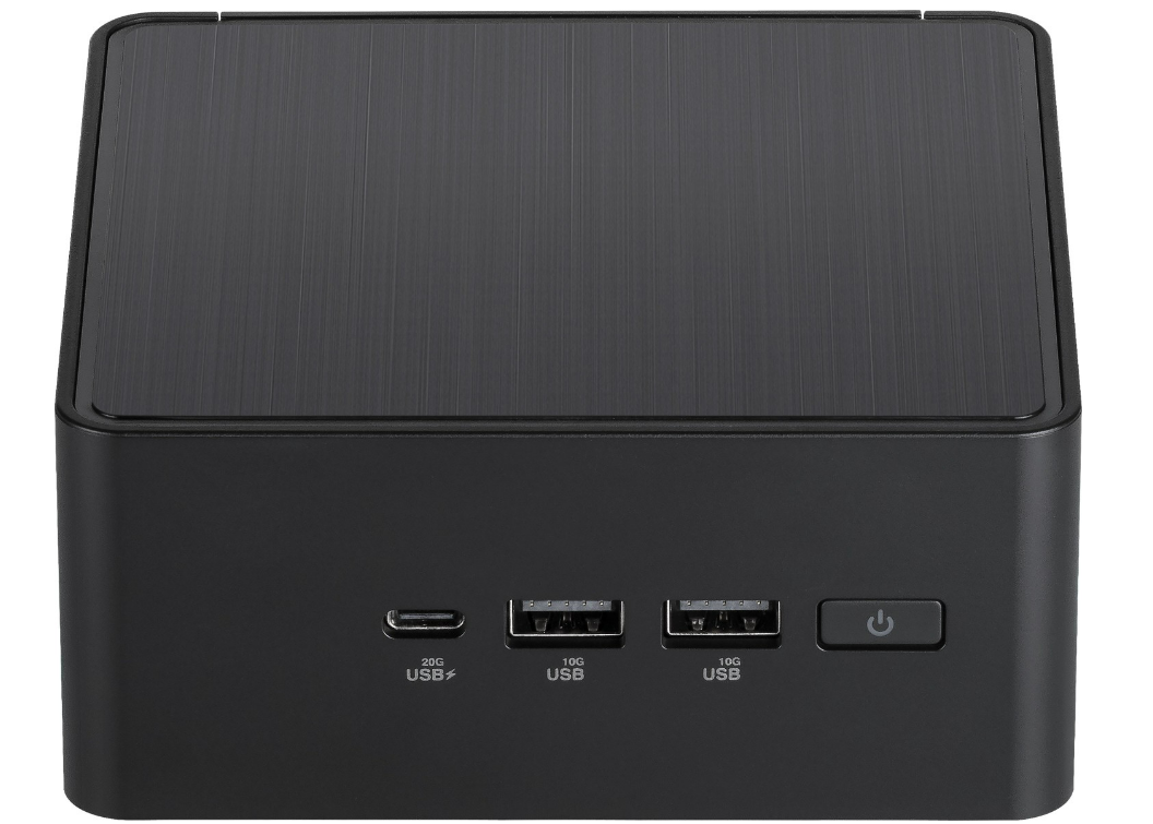 Ein schwarzer, kleiner Computer mit USB-Anschlüssen und einem Ein-/Ausschalter, mit gebürsteter Metalloberfläche.