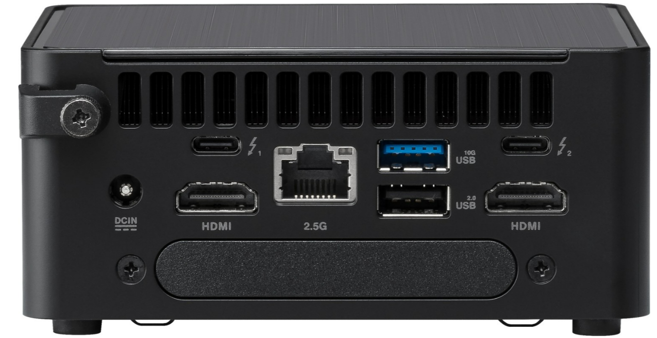 Rückseite eines schwarzen Computers mit verschiedenen Anschlüssen, darunter HDMI, USB und Ethernet.