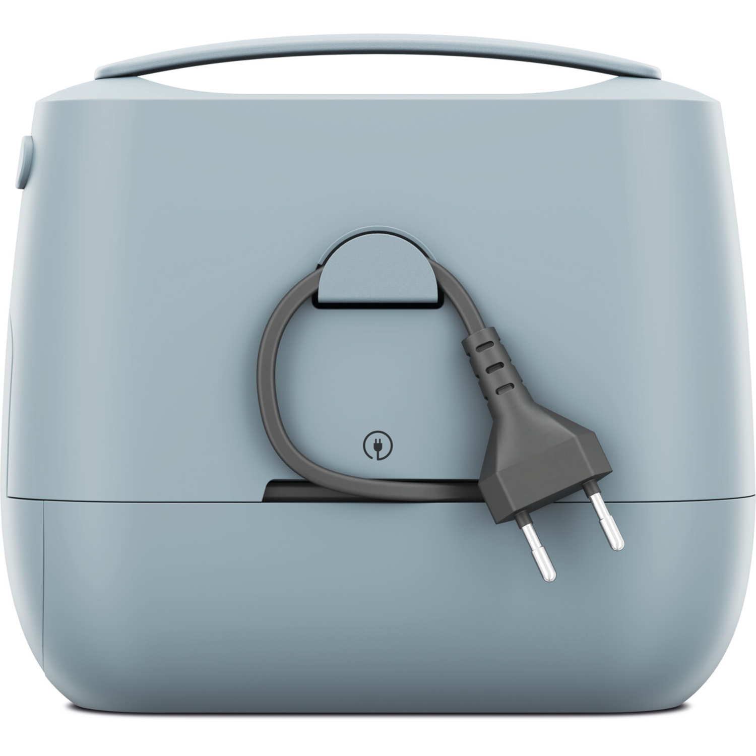 A light blue appliance with a handle and a power cord wrapped around it, with a plug.