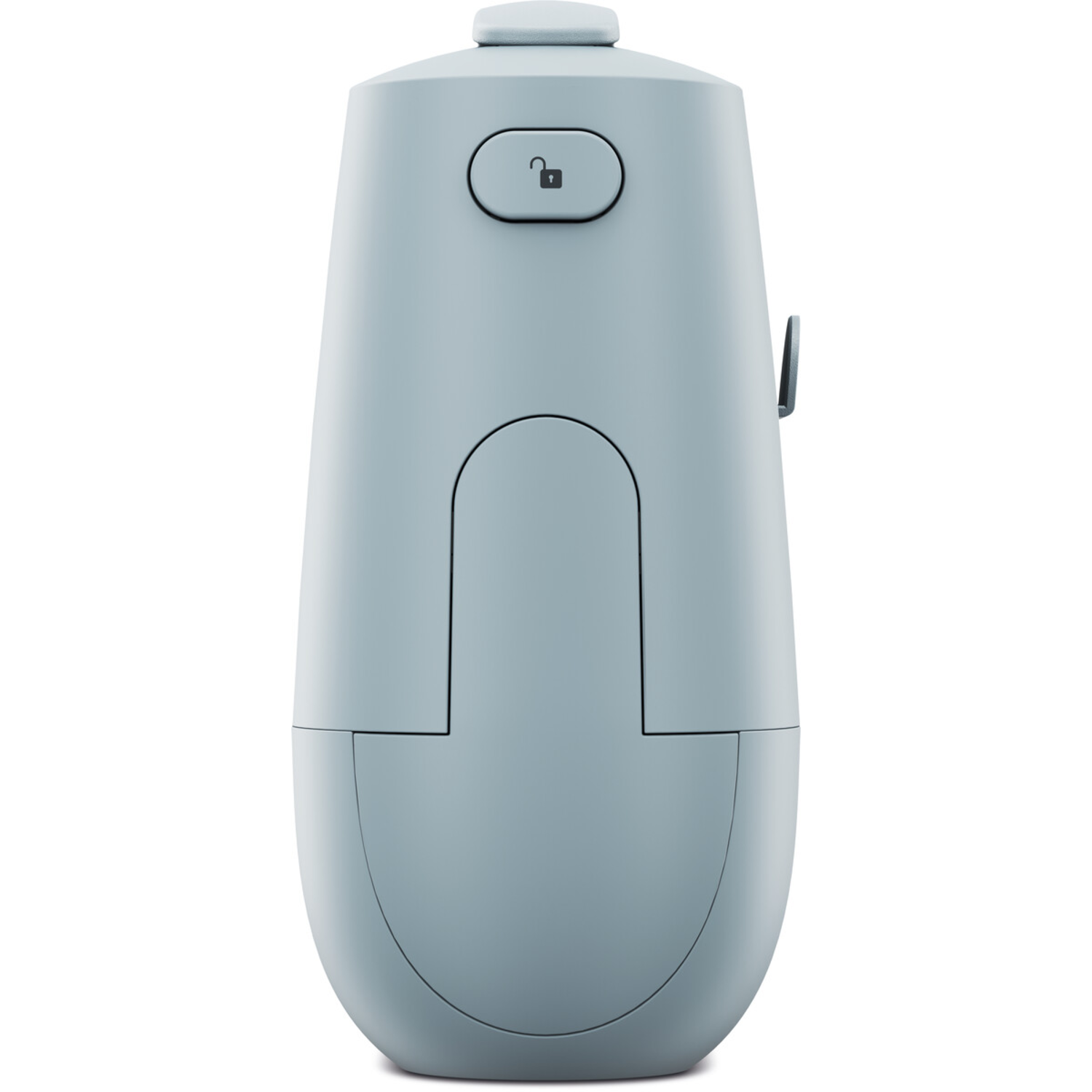 A light blue, egg-shaped device with a button, and a curved bottom.