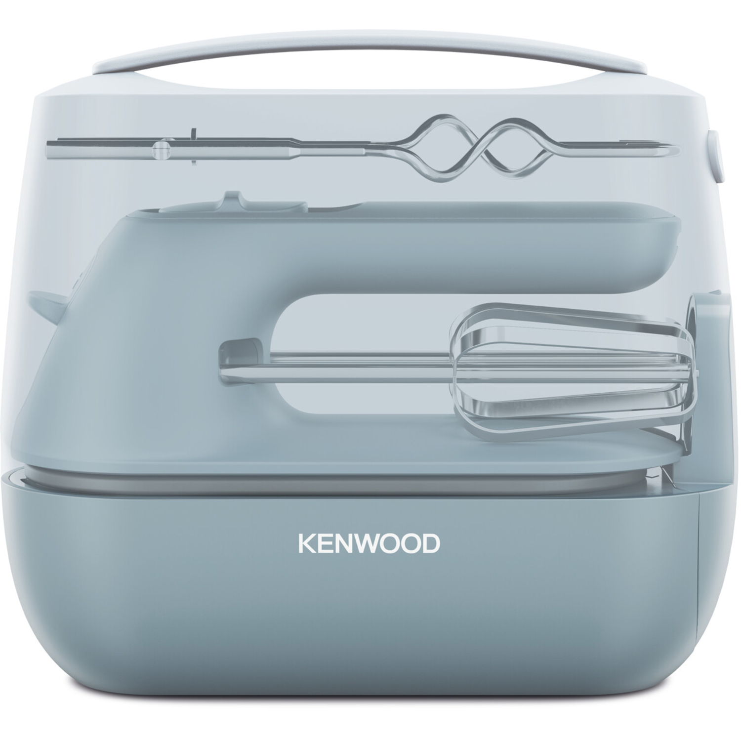 A light blue Kenwood hand mixer with attachments inside a transparent storage case.
