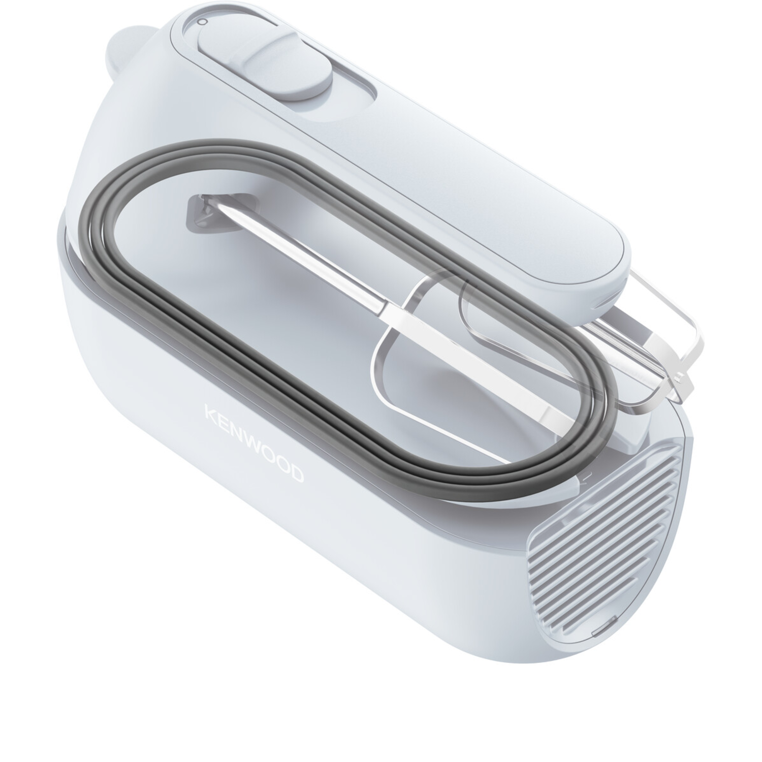 White Kenwood hand mixer with silver beaters, isolated on white background.