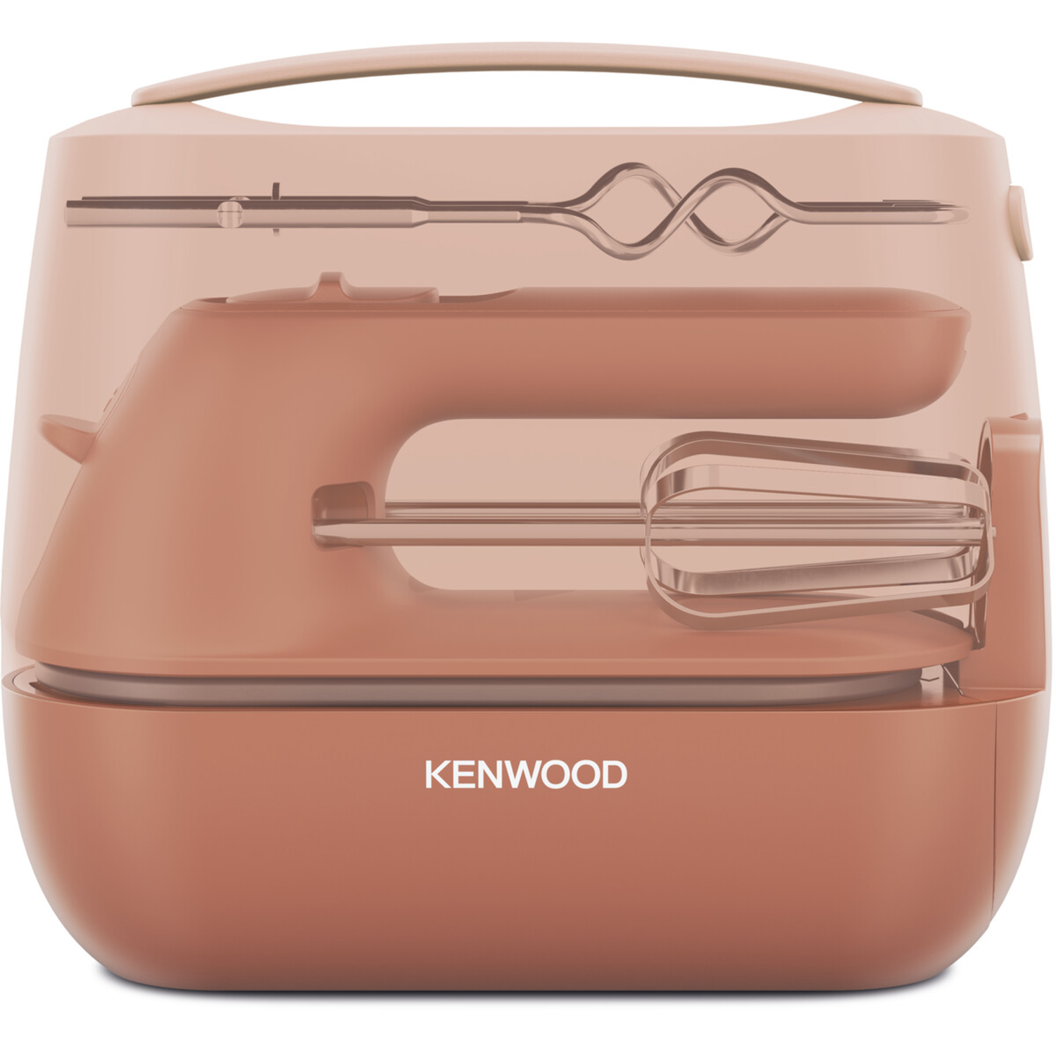 A pink Kenwood hand mixer with attachments in a transparent case. The brand name is on the front.