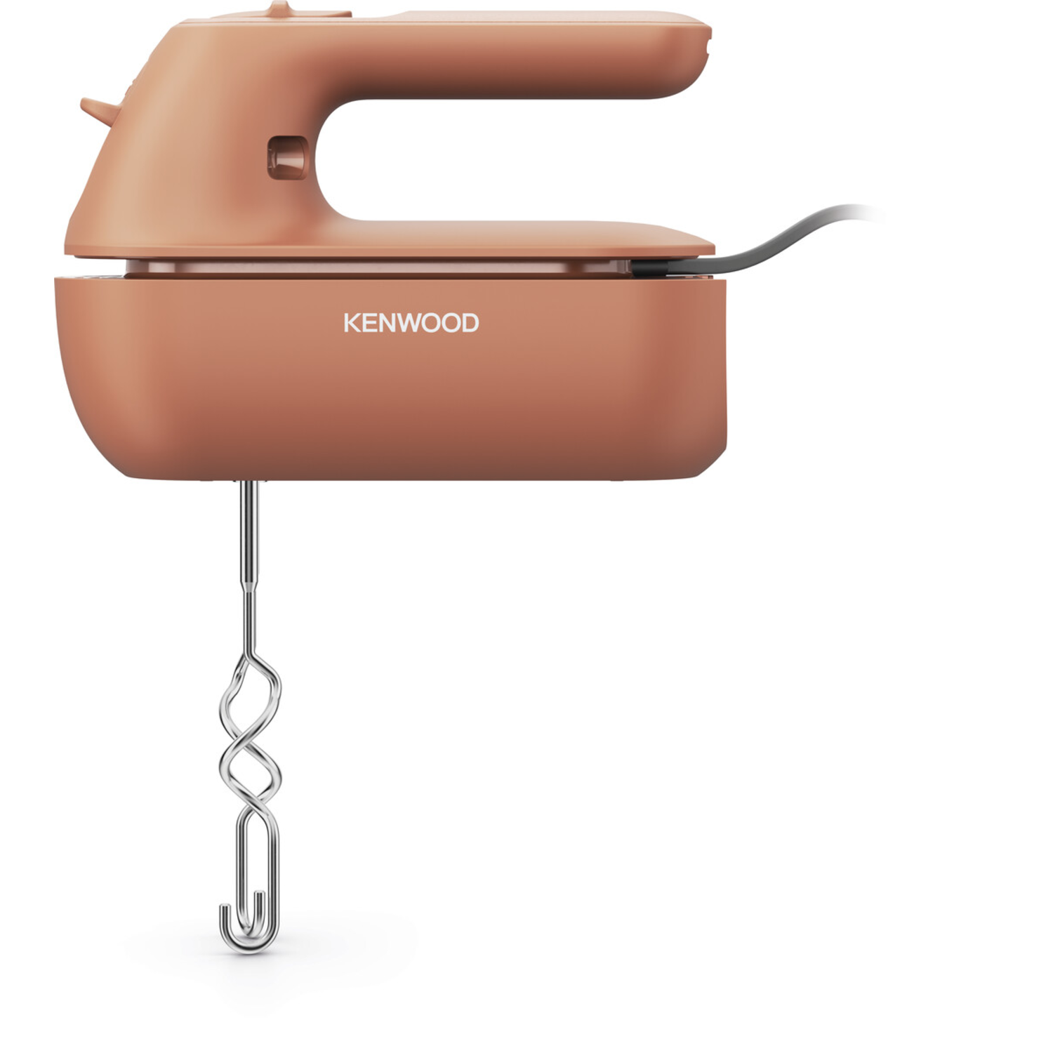 Pink Kenwood hand mixer with a silver beater and a black power cord.