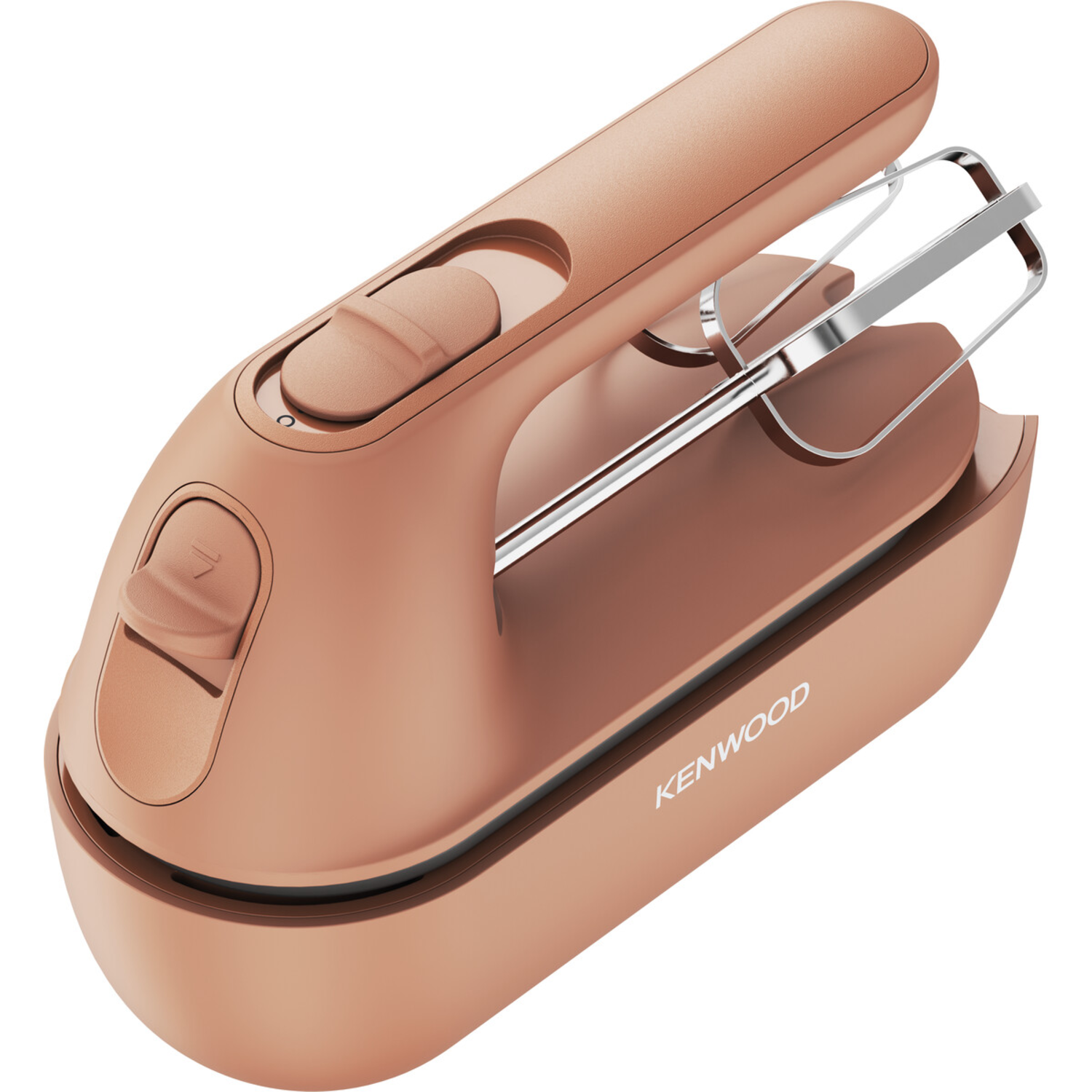 A copper-colored Kenwood hand mixer. It has two beaters, speed controls, and a handle. The brand name is visible on the side.