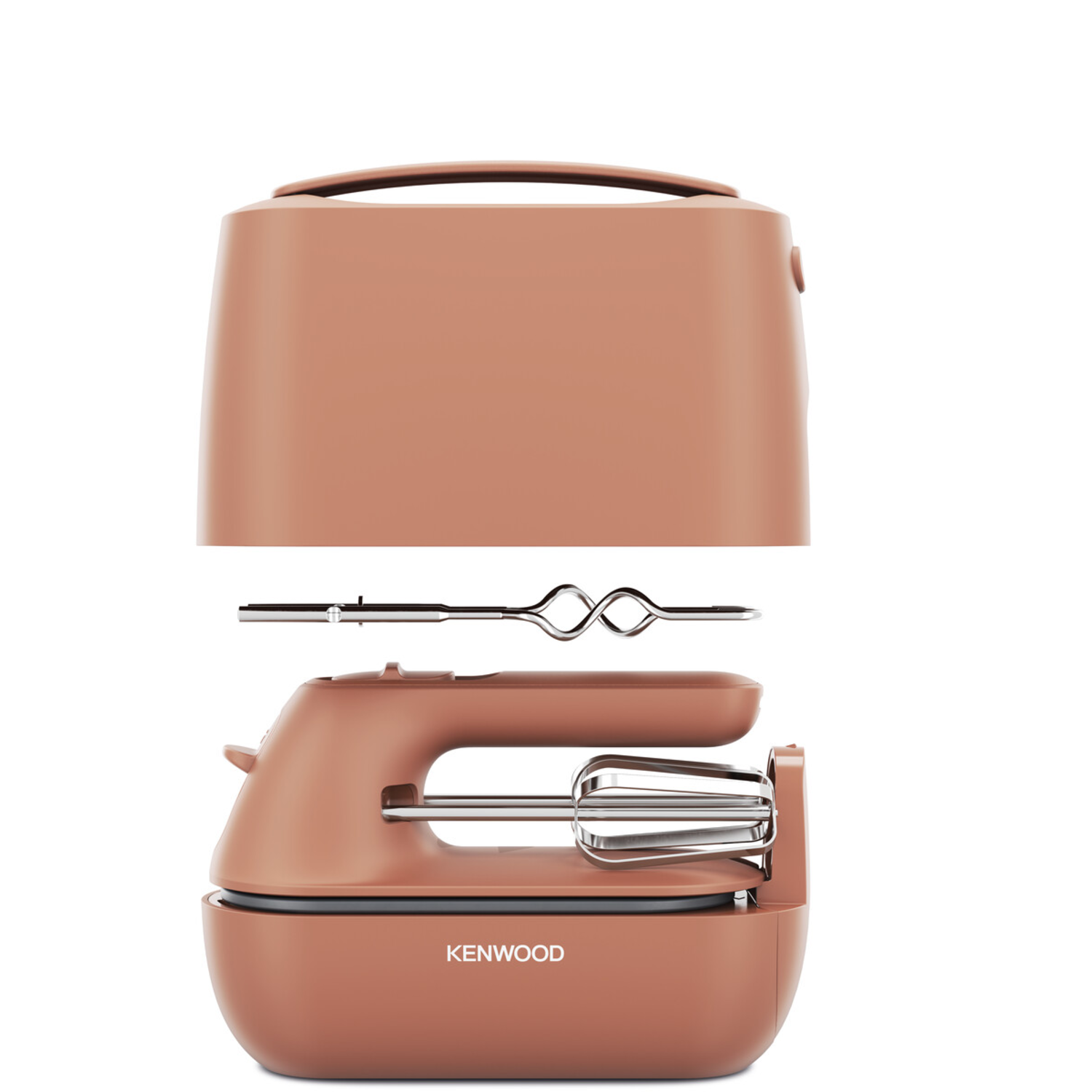 Kenwood hand mixer, disassembled, showing parts on white background.