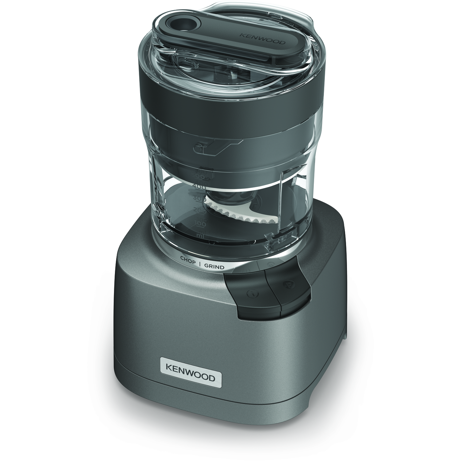 Grey Kenwood food processor. Transparent container with blade inside. Black lid.