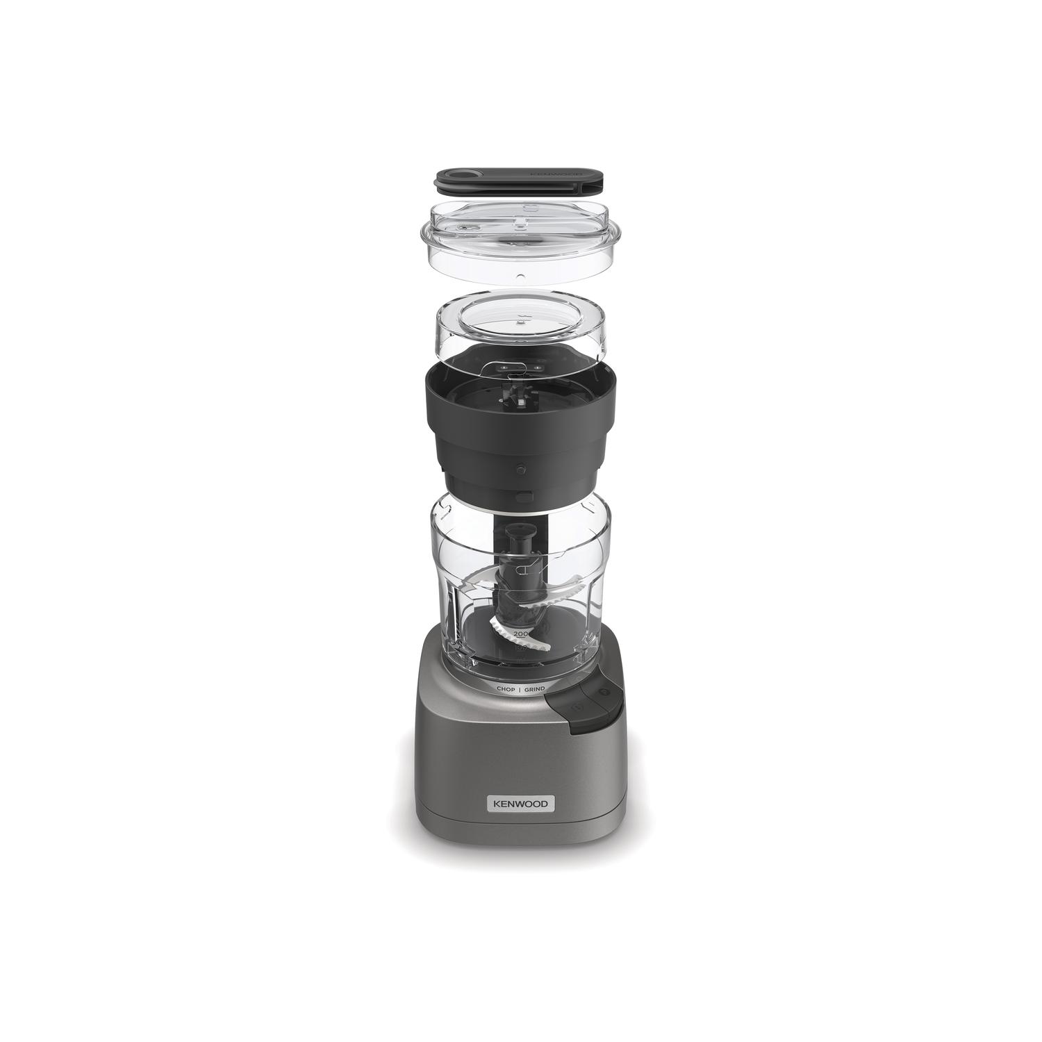 A disassembled Kenwood food processor. Parts are stacked above a gray base.