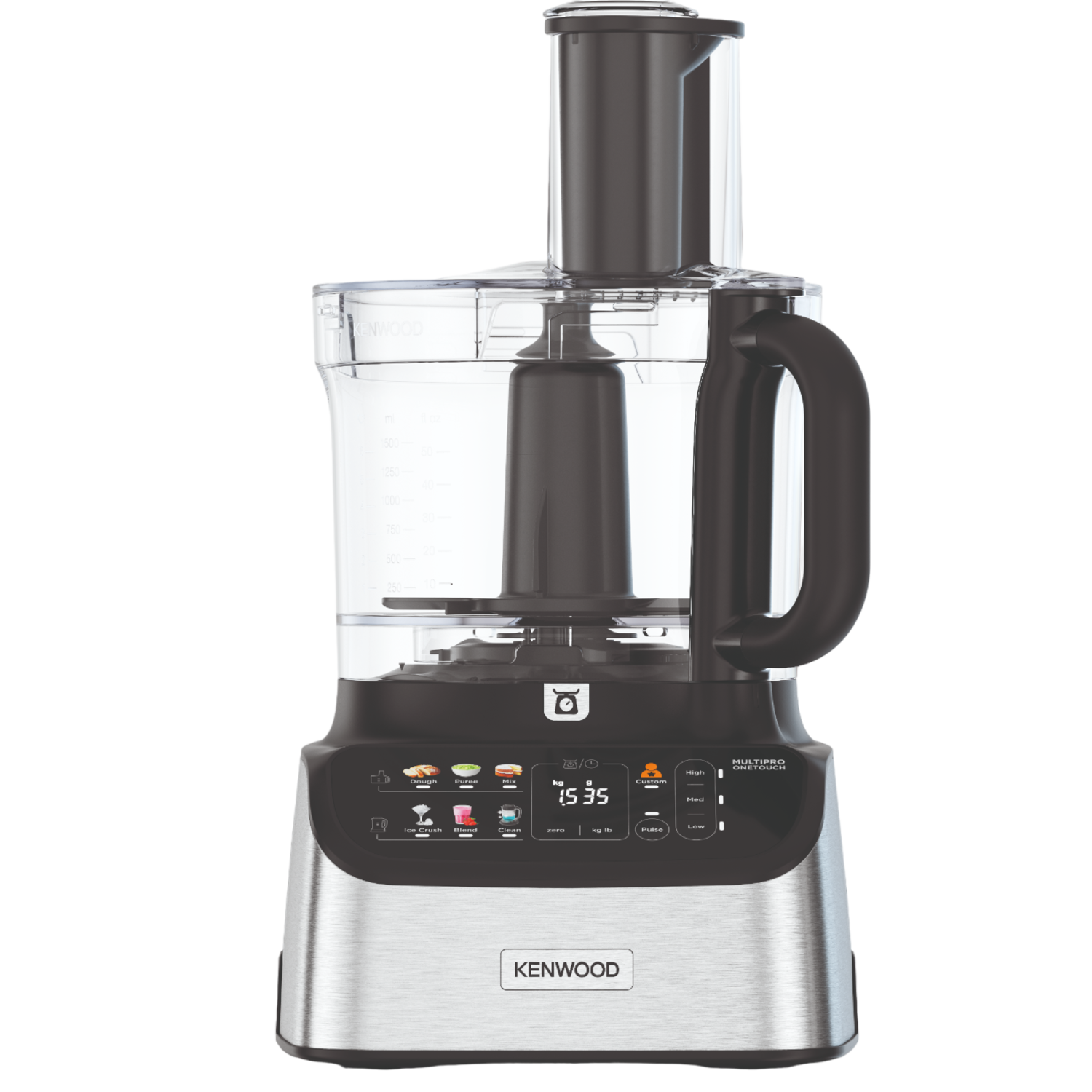 Food processor on a black background, with several buttons and a handle.