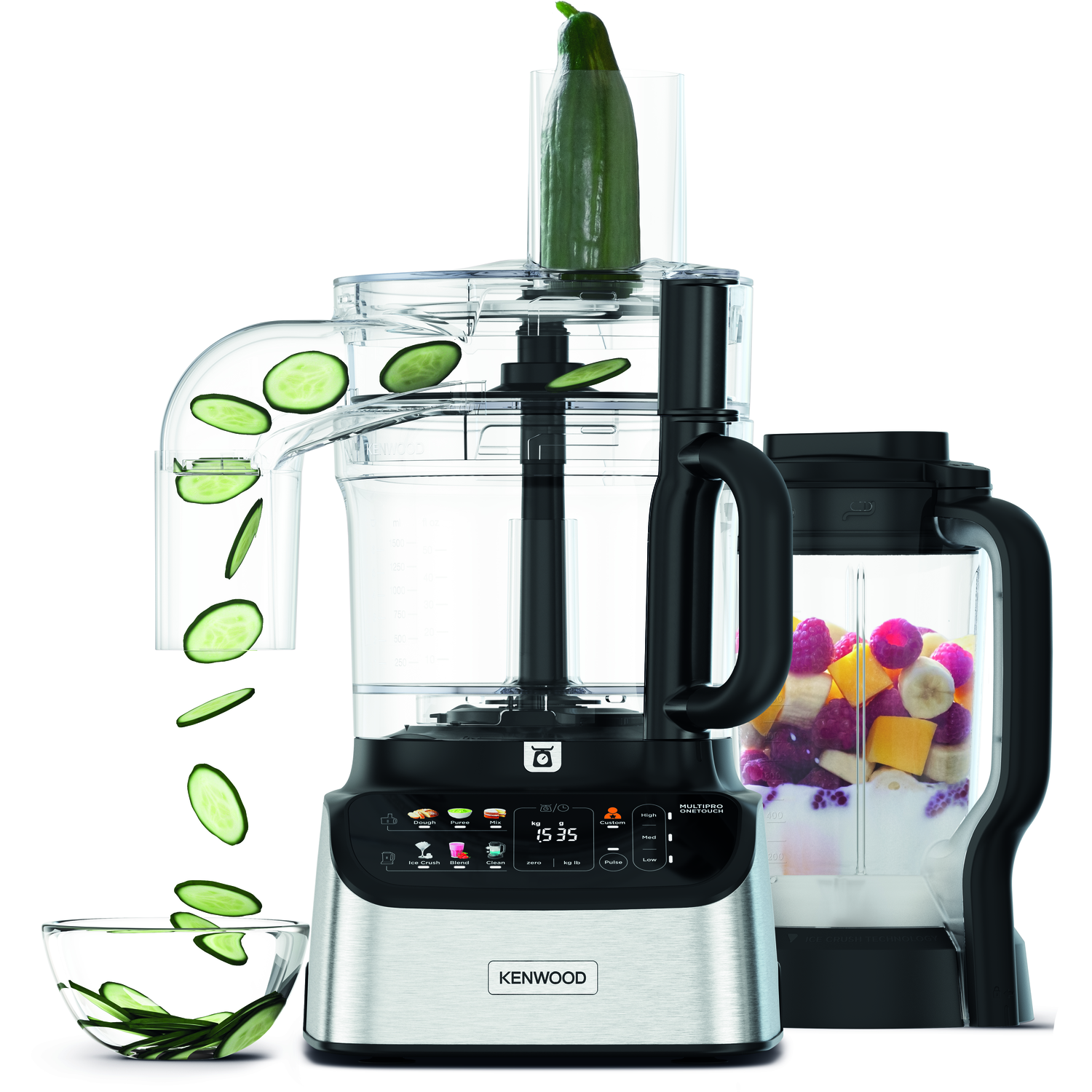 Kenwood food processor with cucumber being sliced, and fruits in a blender.