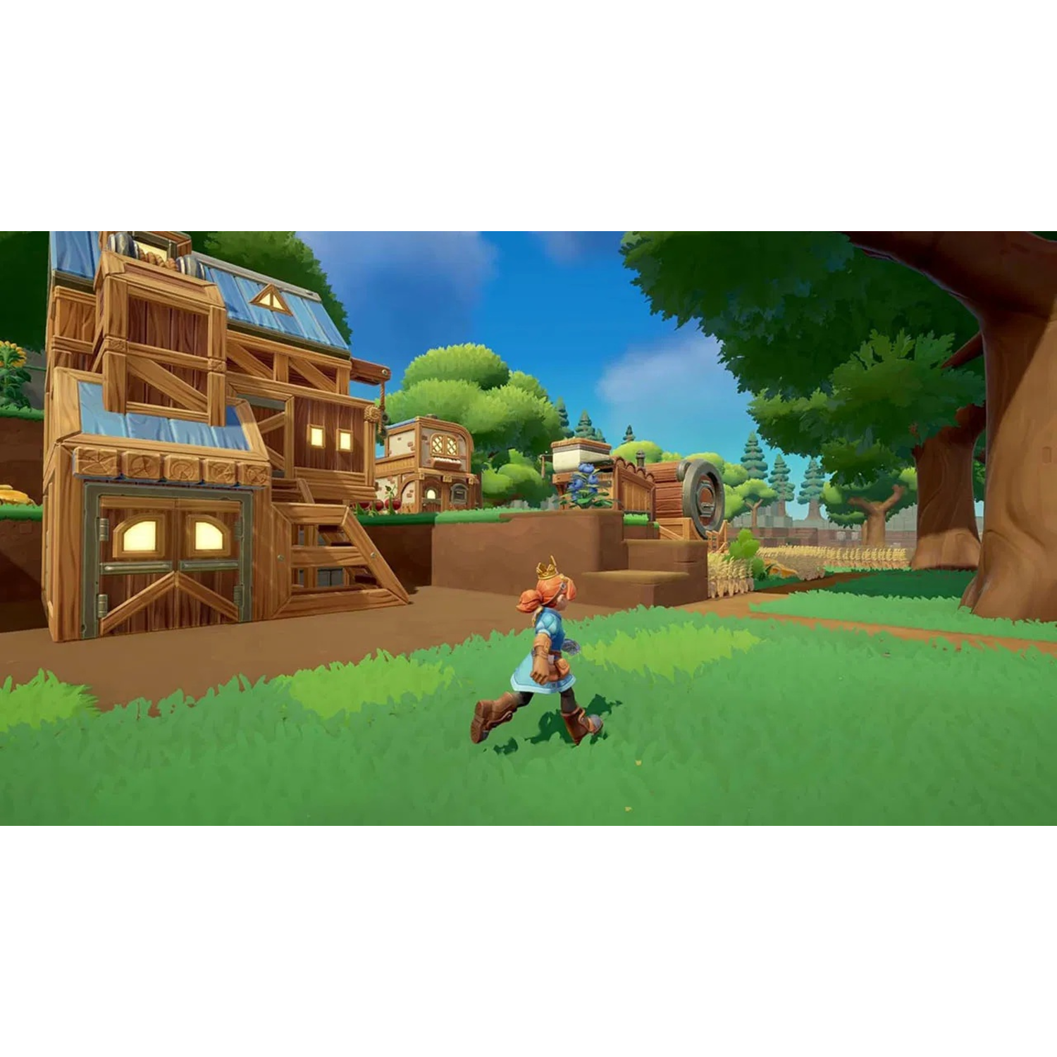 Een cartoonmeisje rent langs een houten huis en een groen grasveld, met bomen op de achtergrond.