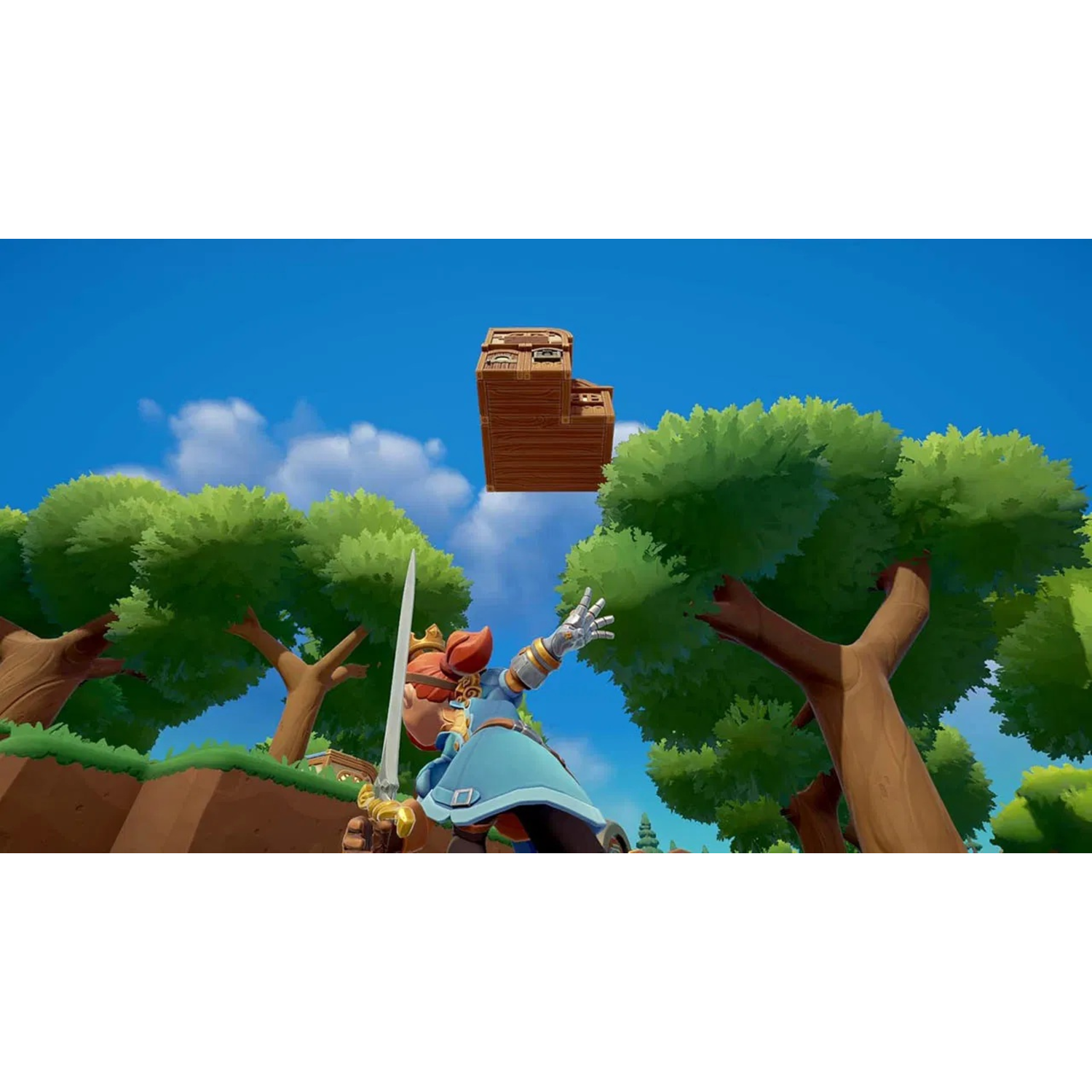 Een stripfiguur ridder met zwaard, richt op een zwevende houten kist onder blauwe hemel met bomen.