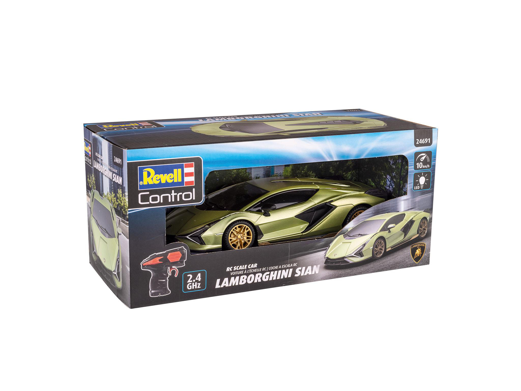 Schachtel eines grünen Lamborghini Sian Modellautos. Die Schachtel zeigt Bilder des Autos.