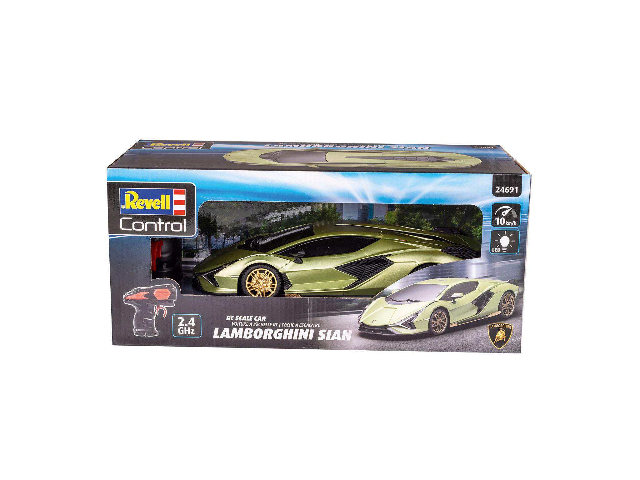 Grünes Spielzeug Lamborghini Sian in einer Box mit Fernbedienung.