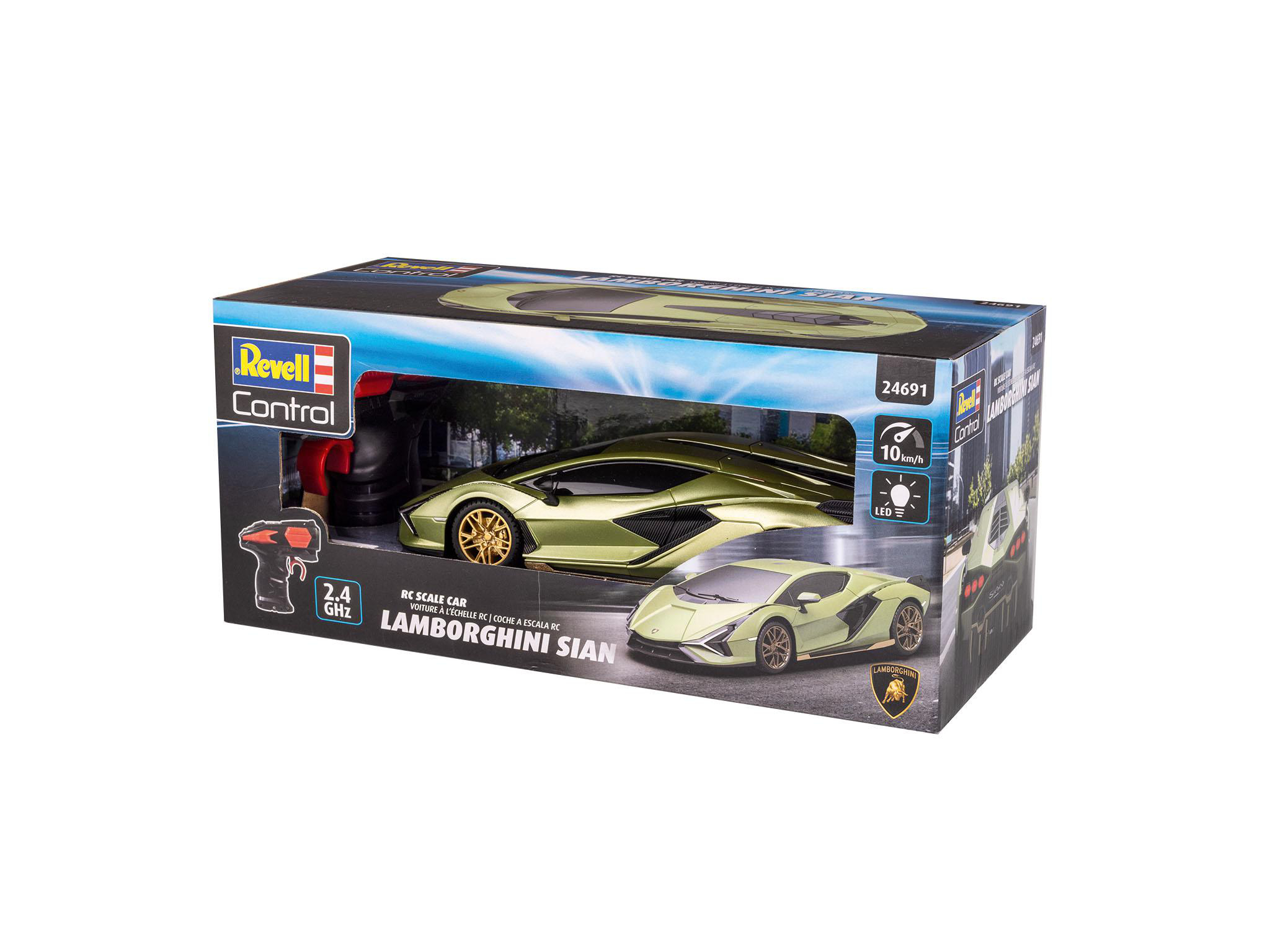 Revell Control Lamborghini Sian Modellauto in einer Box. Fernbedienung enthalten. Das Auto ist grün.