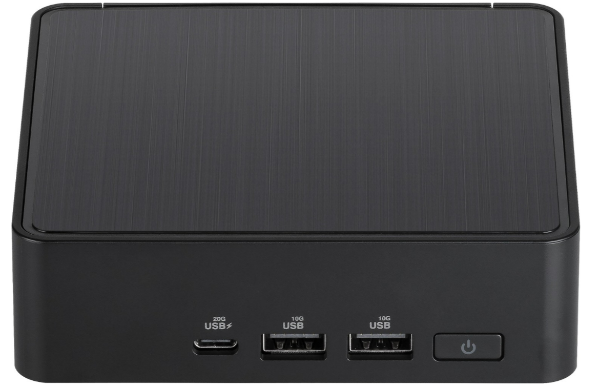 Ein schwarzes, kompaktes elektronisches Gerät mit mehreren USB-Anschlüssen und einem Power-Button.