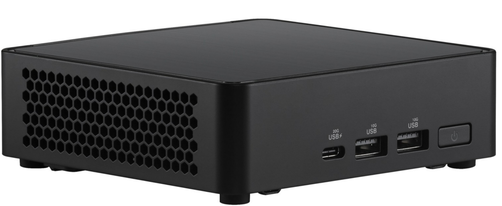 Schwarzer Mini-PC mit USB-Anschlüssen und einem Ein-/Ausschalter. Es hat ein Wabenmuster.