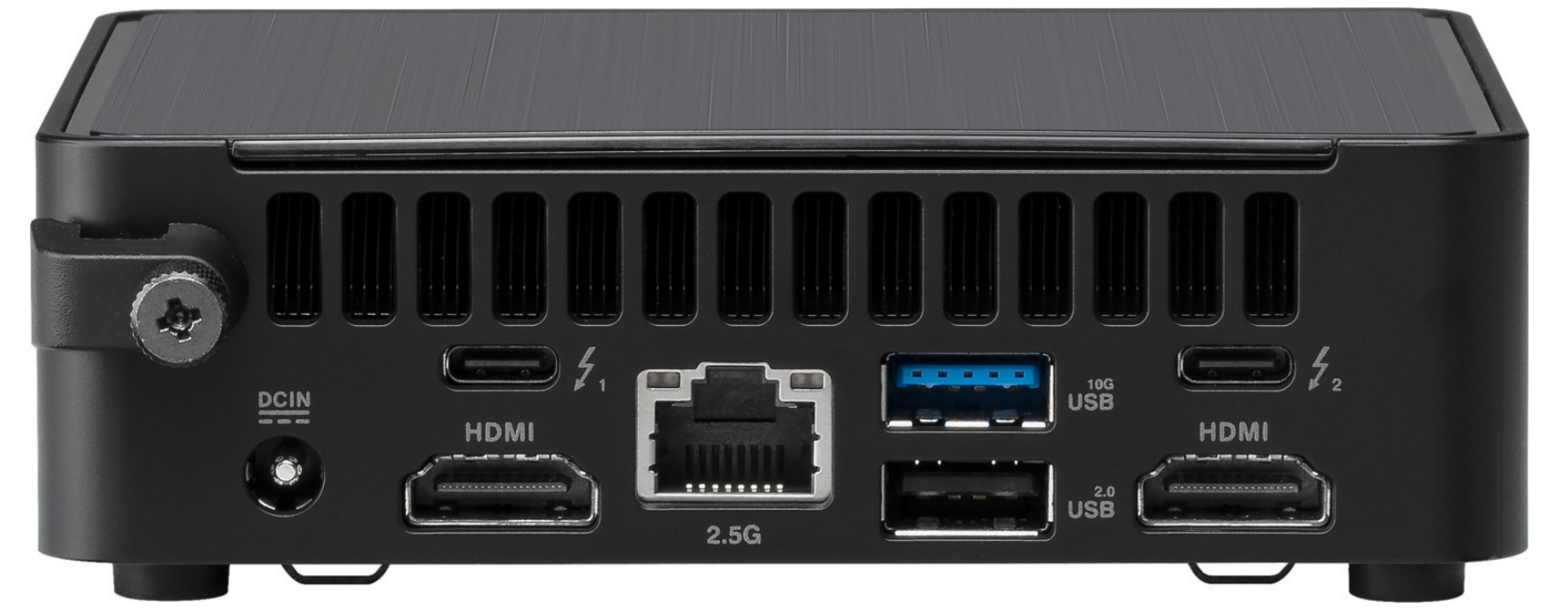 Rückansicht eines kleinen, schwarzen Computers mit Anschlüssen: HDMI, USB, Ethernet und Strom.