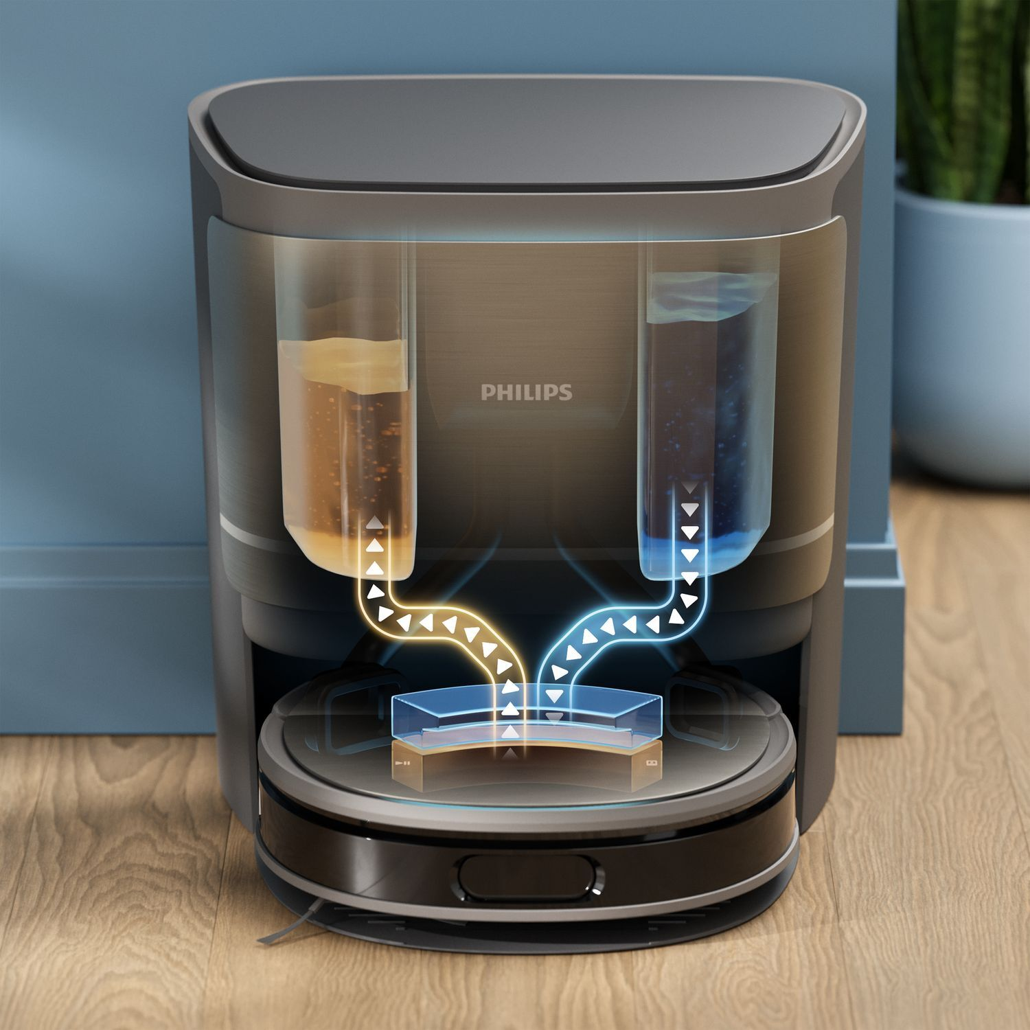Robot vacuum cleaner with transparent tanks showing water flow and Philips logo.