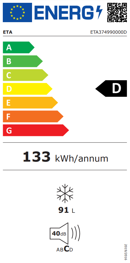 Energia címke hűtőszekrényhez. D energiaosztály, 133 kWh/év, 91 L és 40dB zajszint látható.