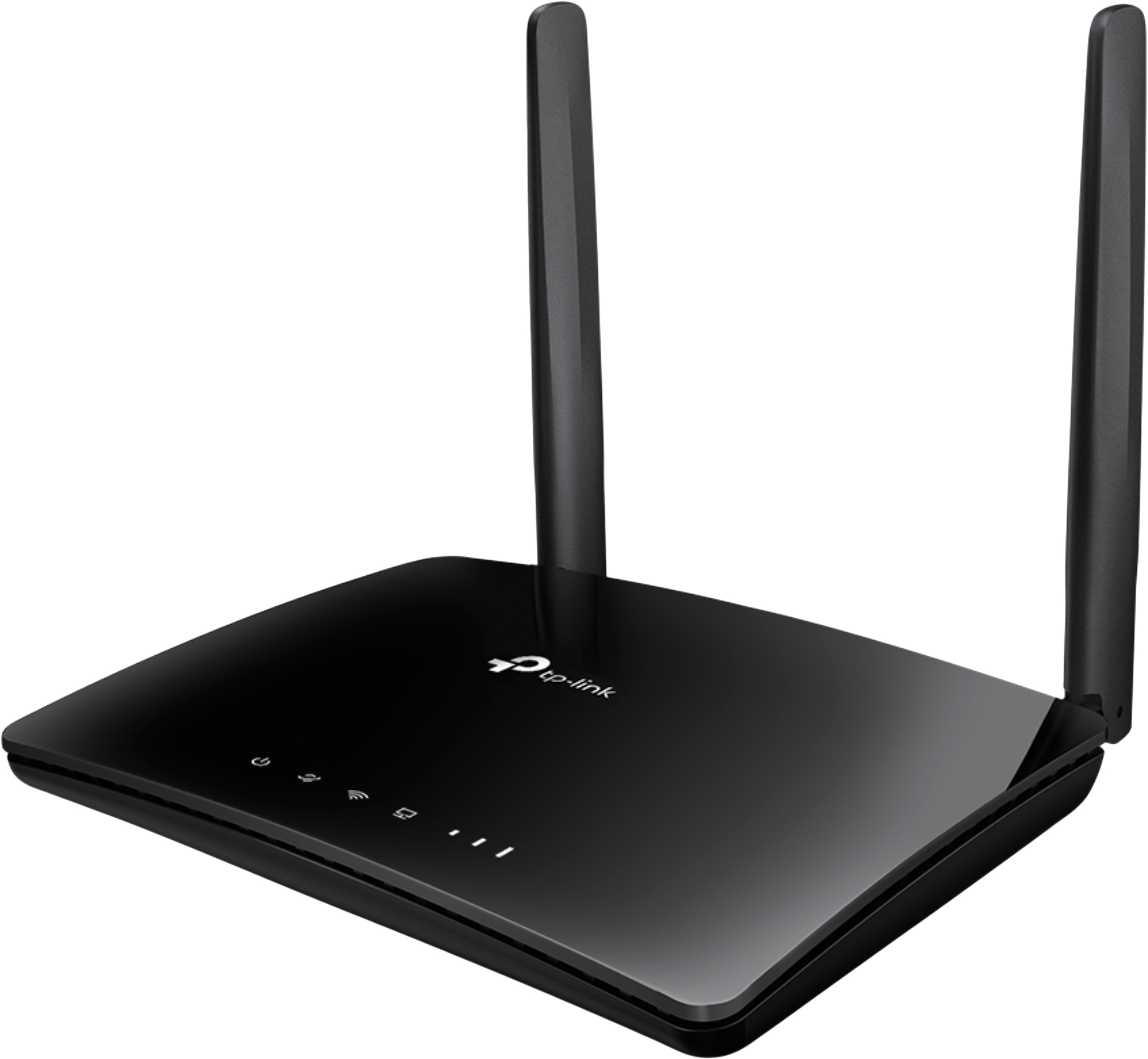 Fekete TP-Link router. Két antennája van. A készülék bal felső részén jelzőfények találhatók.