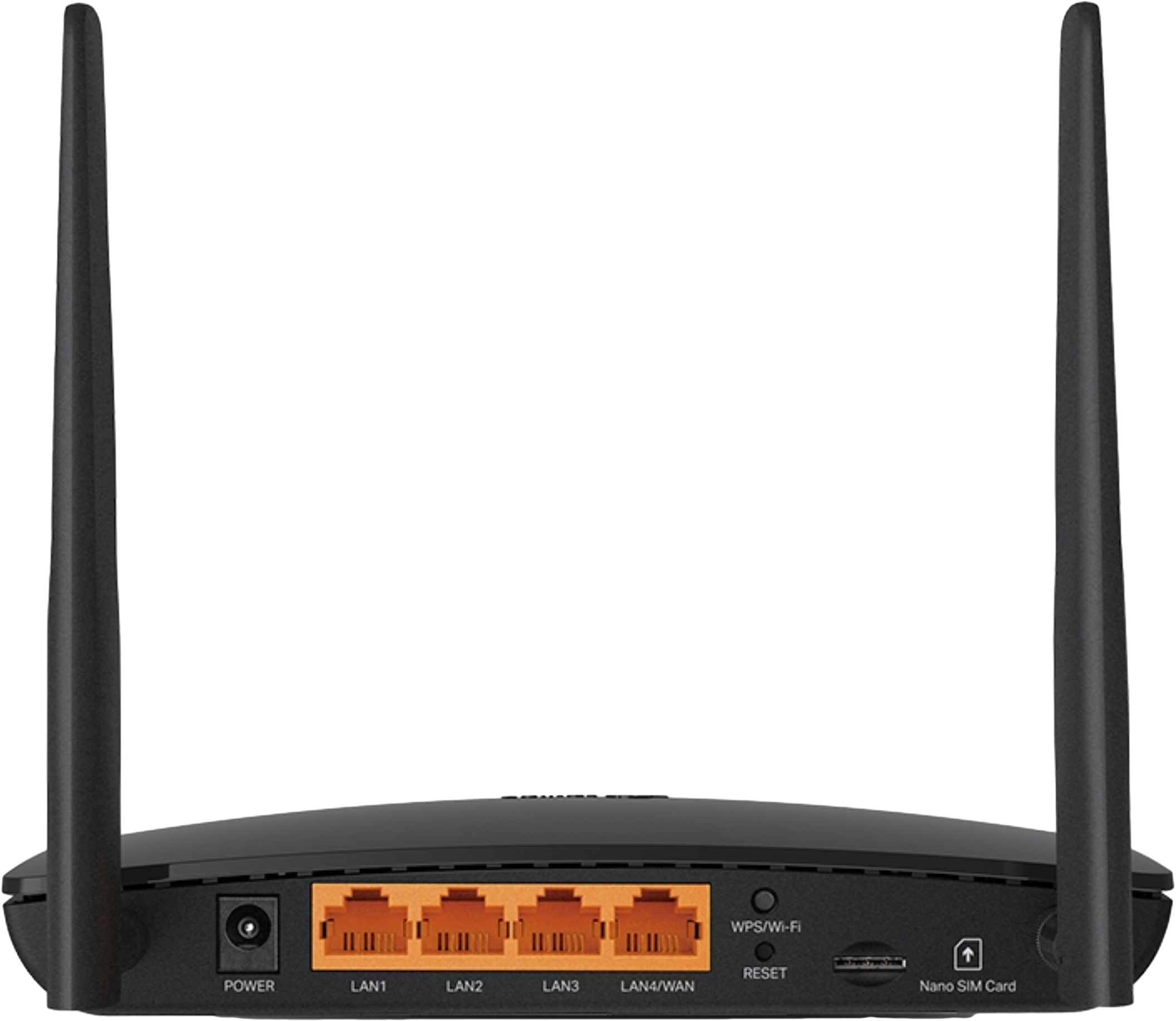 Egy fekete router hátulja két antennával. Portok és csatlakozások vannak rajta.