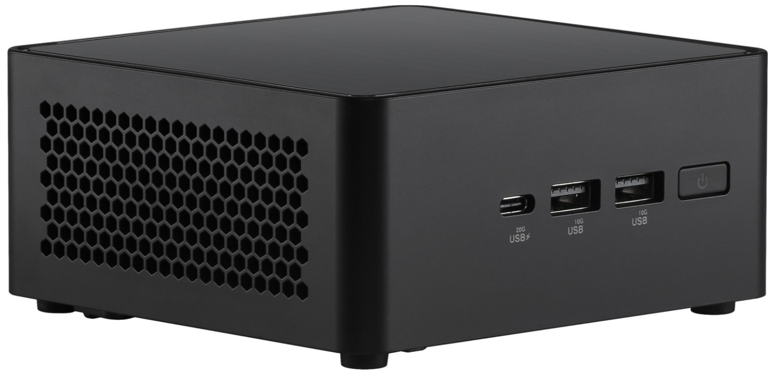 Schwarzer Mini-Computer mit Lüftungsgitter, USB-Anschlüssen und Power-Button. Rechteckige Form, auf kleinen Füßen stehend.