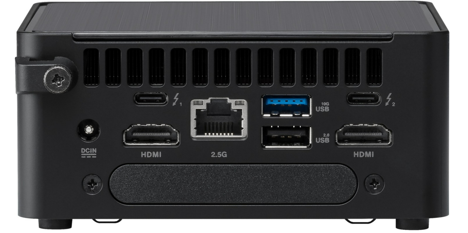 Rückseite eines schwarzen Computers mit mehreren Anschlüssen, darunter HDMI- und USB-Anschlüsse.