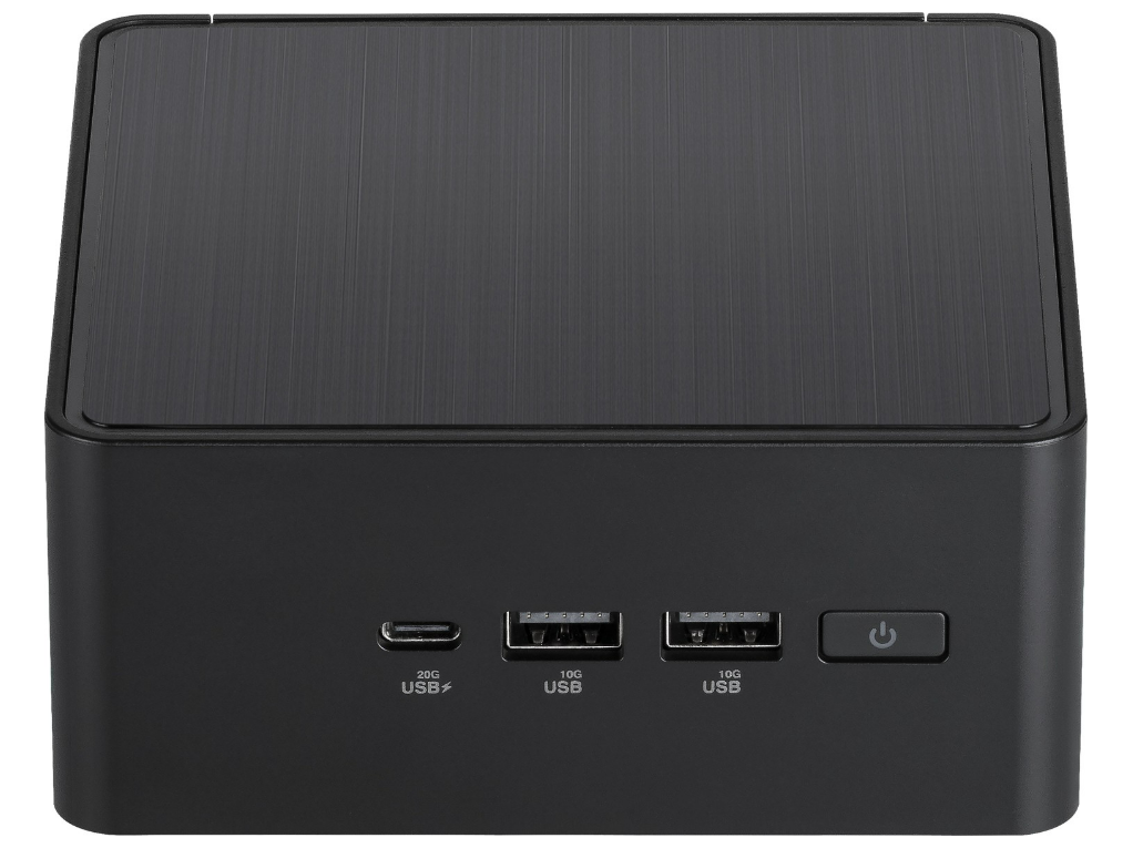 Schwarzer Mini-Computer mit USB-Anschlüssen und Power-Taste. Die Oberseite hat ein gebürstetes Metallfinish. Die Vorderseite hat USB-C, USB-Anschlüsse und eine Ein-/Aus-Taste.