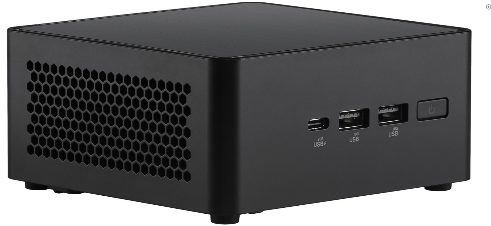 Ein kleiner, schwarzer quadratischer Computer mit Lüftungsschlitzen, USB-Anschlüssen und einem Ein-Aus-Schalter.