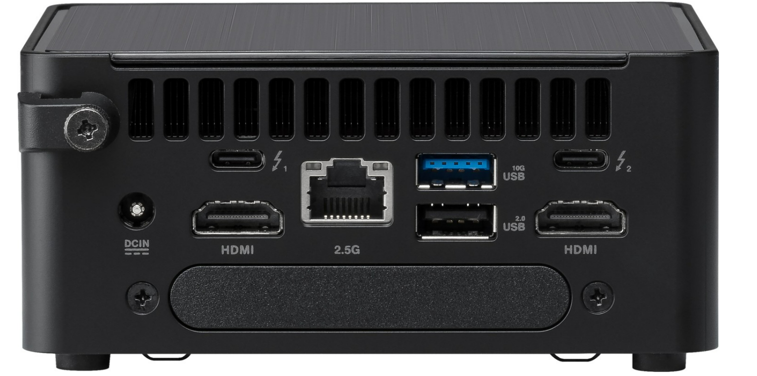 Schwarzes Mini-PC-Rückpanel mit Anschlüssen: HDMI, USB, LAN, DCIN und Thunderbolt. Eine schwarze Schraube sichert eine Seitenhalterung.