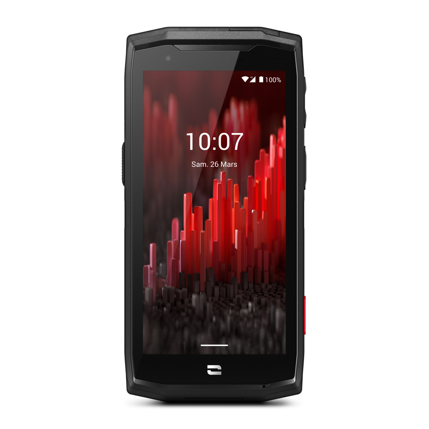 Een zwarte smartphone met een rood abstract ontwerp. Het scherm toont de tijd en het batterijpercentage.