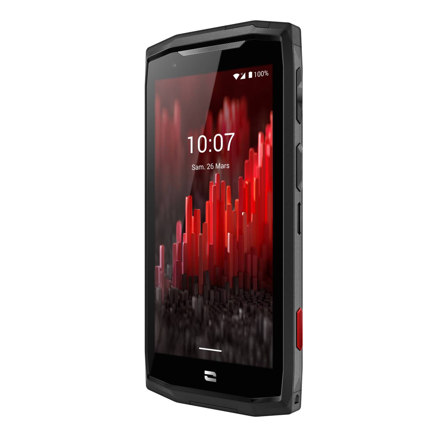 Zwarte smartphone met rood-zwart scherm. De telefoon heeft zwarte randen.