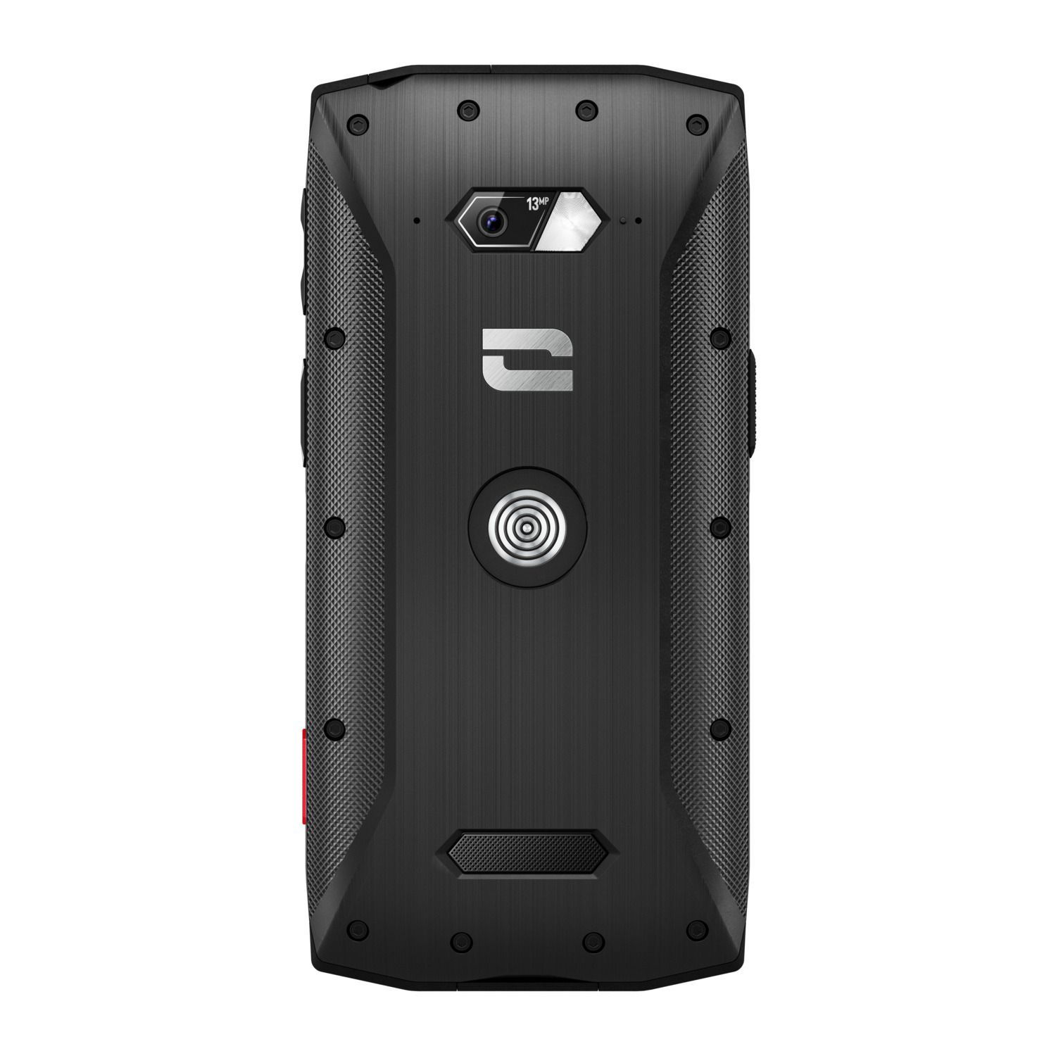 Zwarte smartphone met camera, knoppen aan de zijkant en een getextureerde achterkant. Merklogo is zichtbaar.