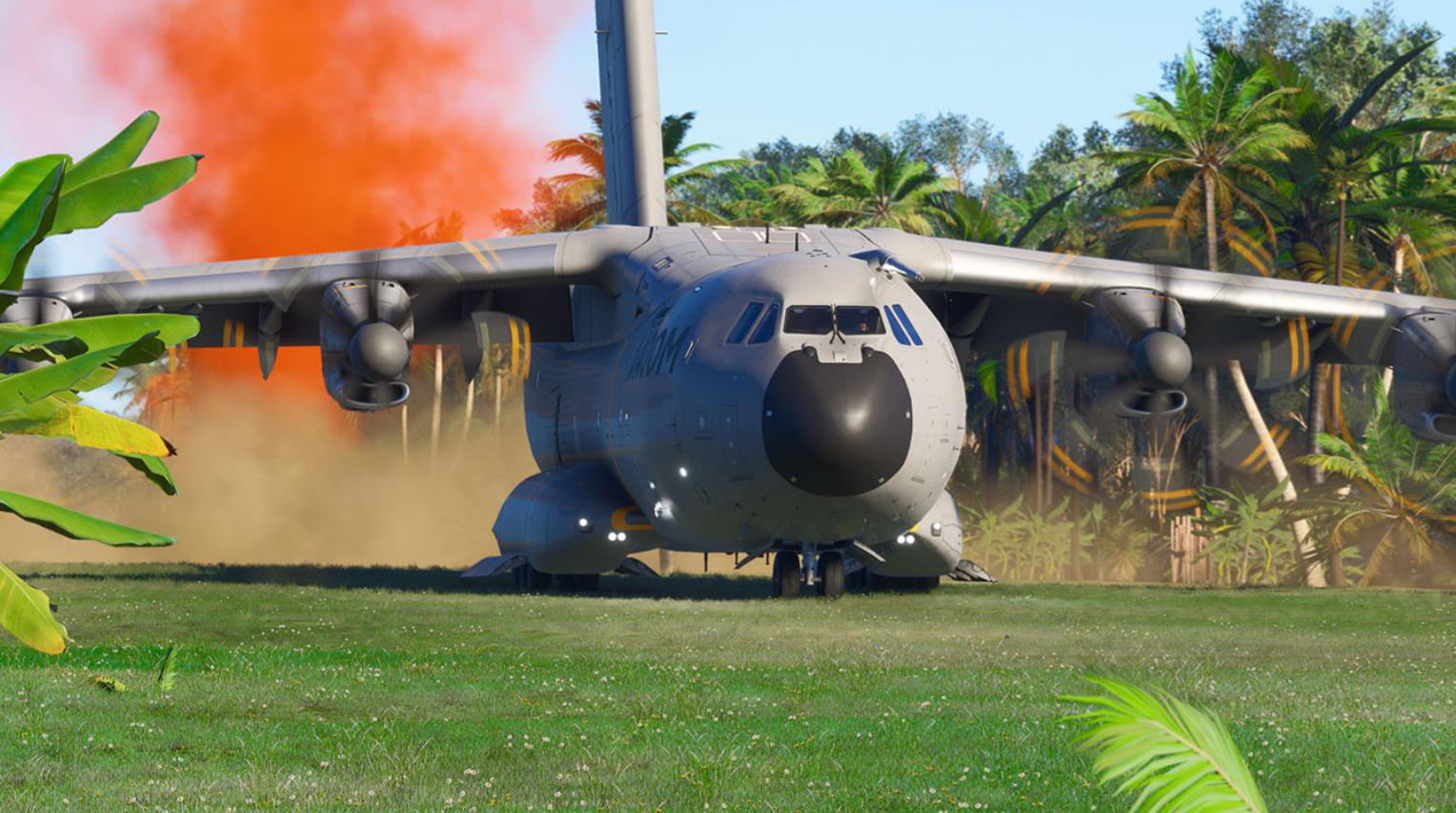 Großes militärisches Transportflugzeug landet im Dschungel.