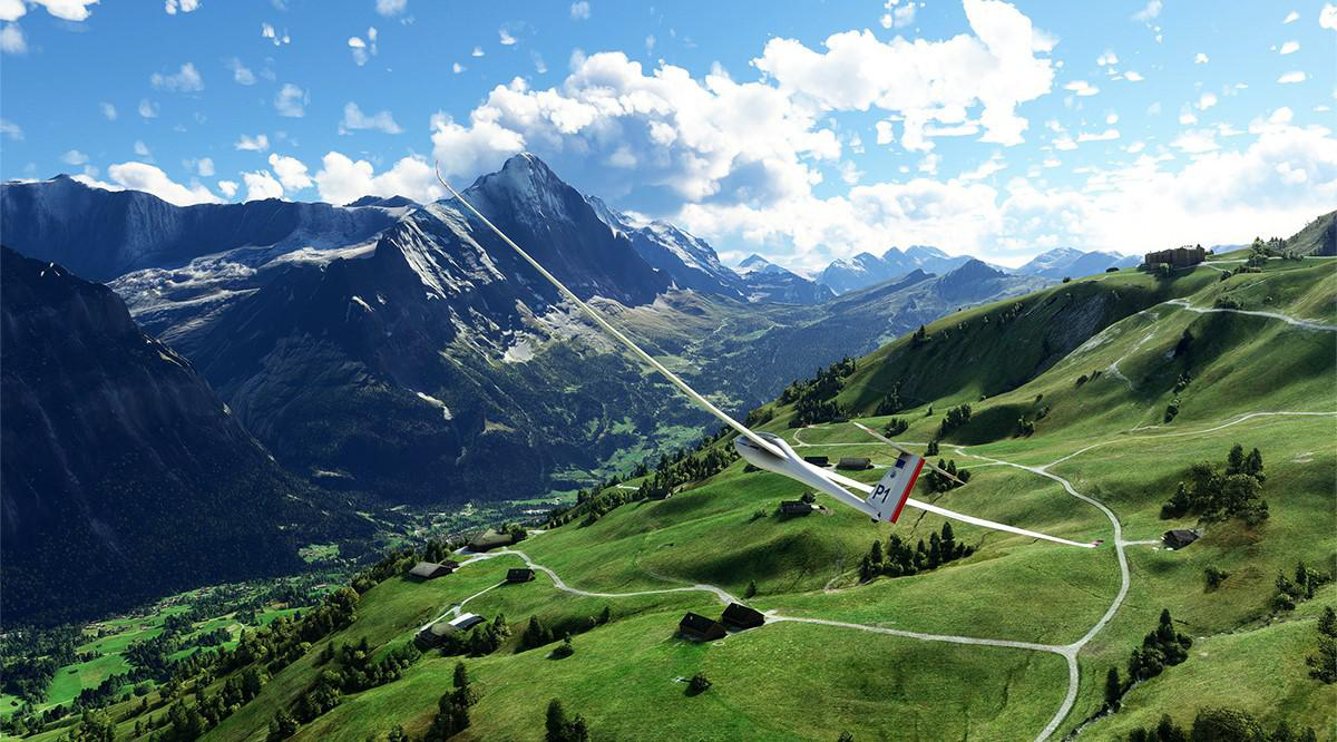 Segelflugzeug über grünen Bergen, Berge im Hintergrund, blauer Himmel mit Wolken.