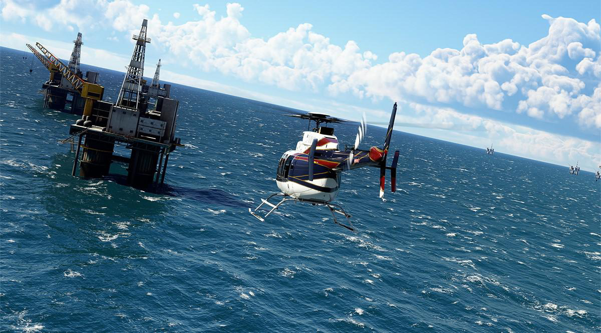 Ein Hubschrauber fliegt in der Nähe von Ölplattformen im Meer unter einem hellblauen Himmel mit Wolken.
