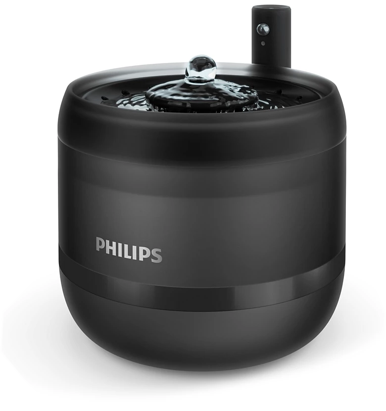 Fekete, hengeres Philips vízkút, kis kifolyóval és egy tiszta vízcseppel a tetején.