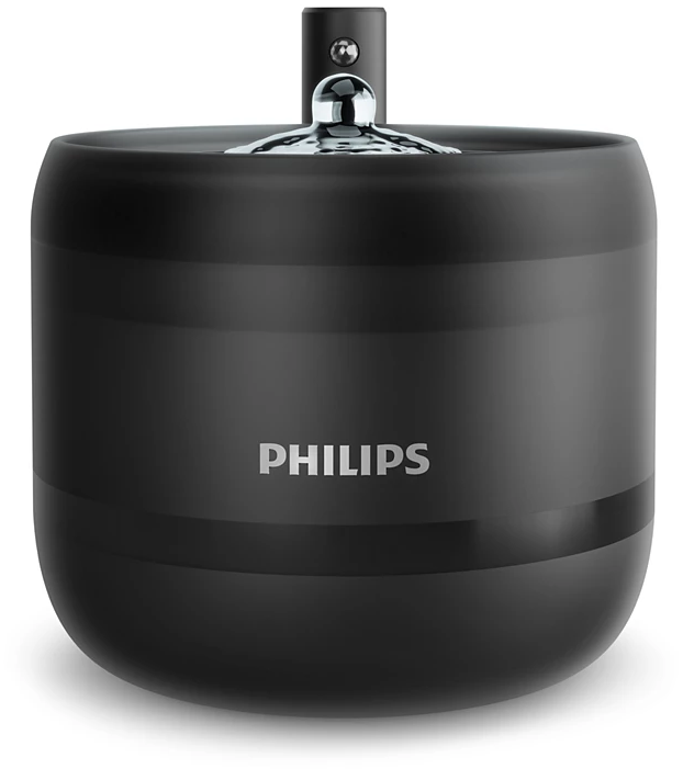 Egy fekete Philips hangszóró ezüst díszítéssel, ezüst tetővel, a márkanévvel nyomtatva.