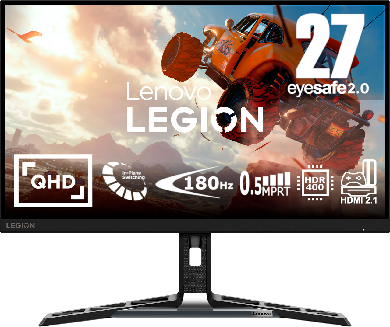 Monitor Lenovo Legion z obrazem samochodu wyścigowego, tekstem i stojakiem.