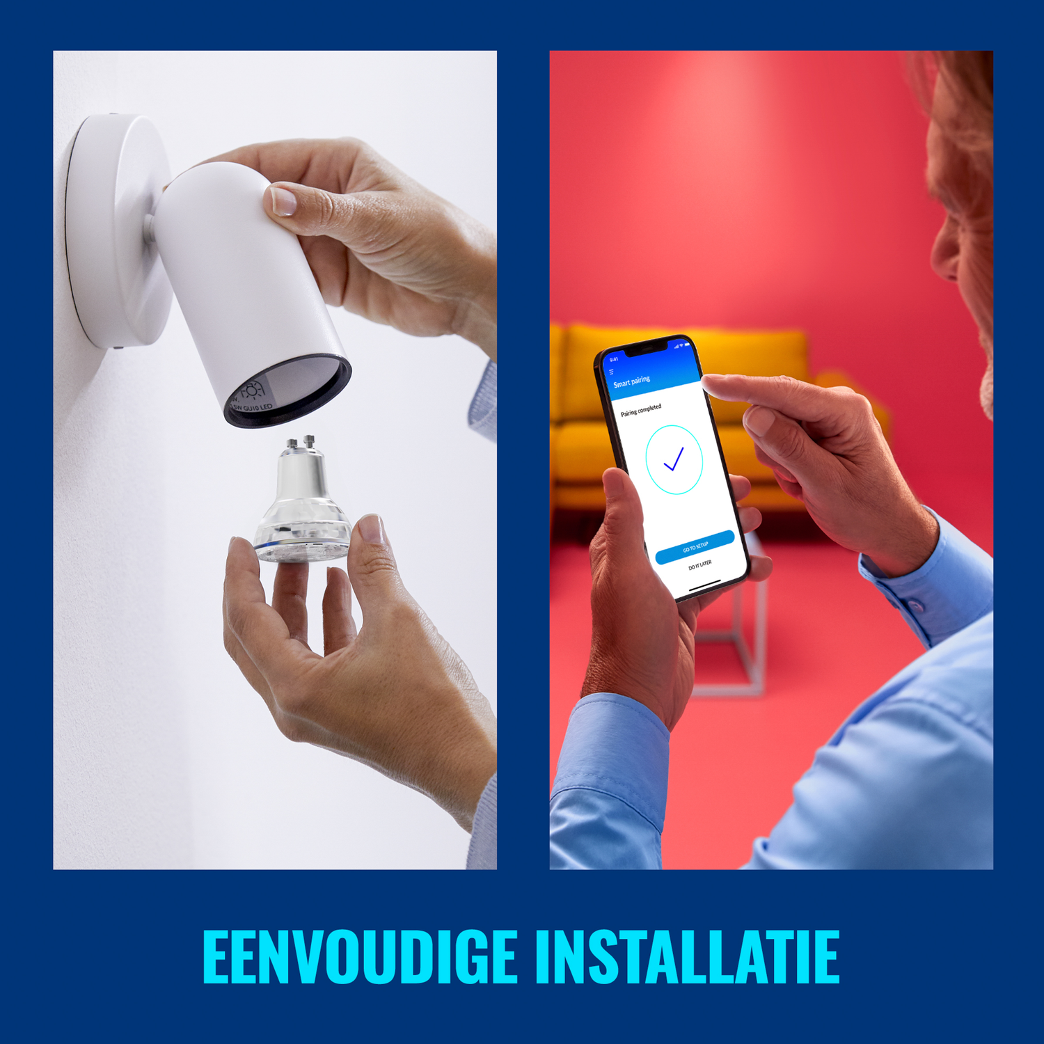 Two images showing installing a smart light bulb using hands and a phone. Text: Simple installation.