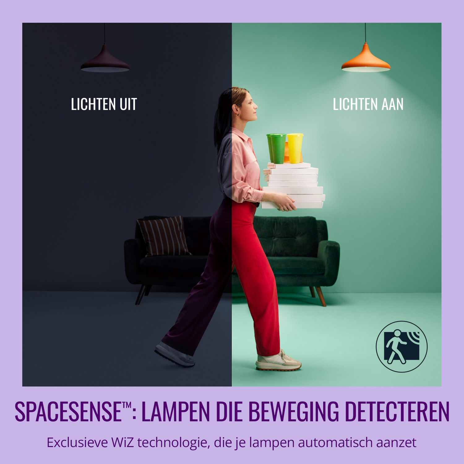 A woman walking from dark to light. Text says 'Lights off' and 'Lights on' with a WiZ logo.