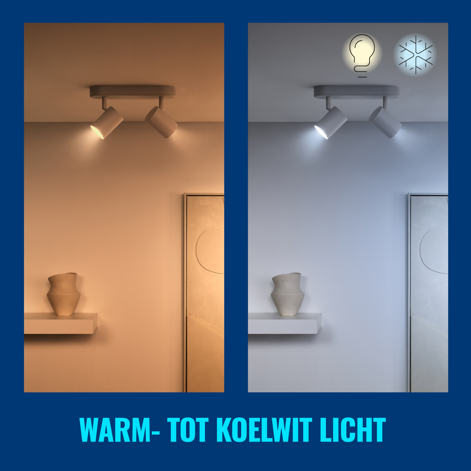 Two images showing ceiling lights with warm and cool white light options.