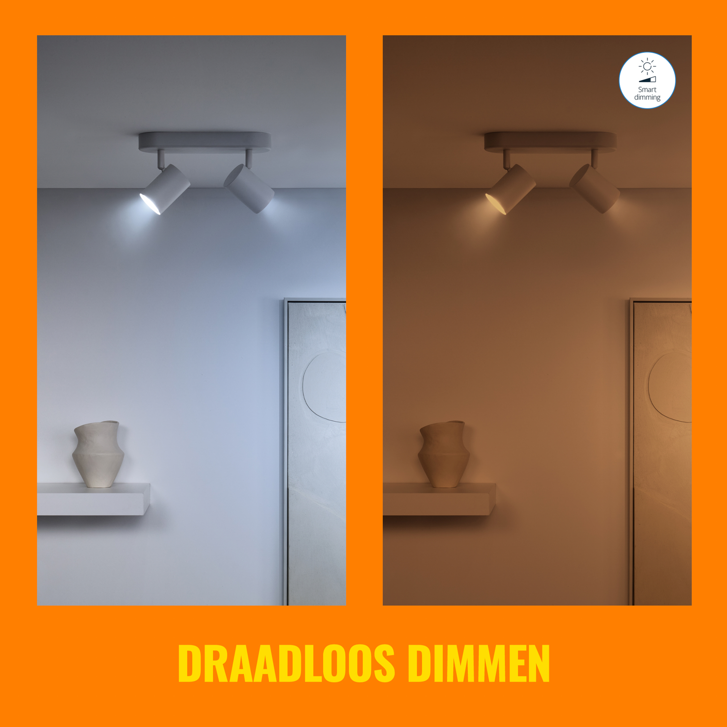 Two ceiling lights showing different light settings: one white, one warm. The design includes a vase on a shelf.
